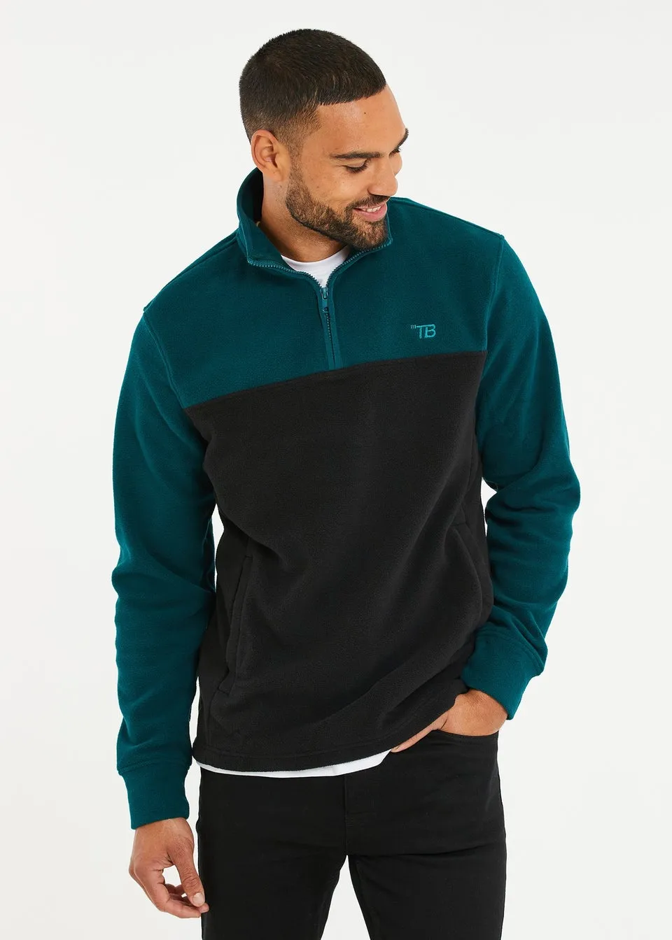 Threadbare Teal Two Tone Quarter Zip Fleece Jumper
