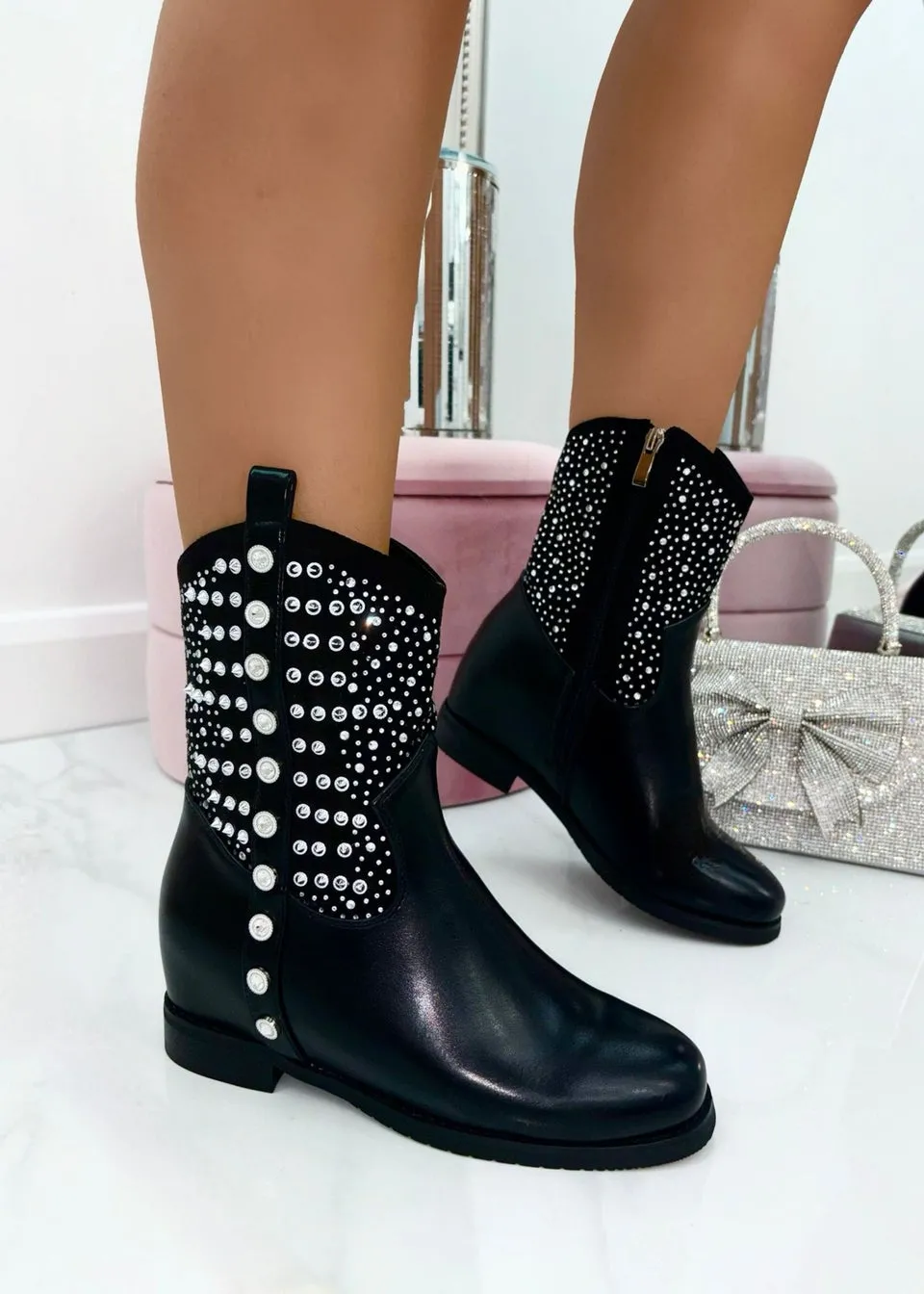 Love Lemonade Black Crystal Embellished Rhinestone Boots