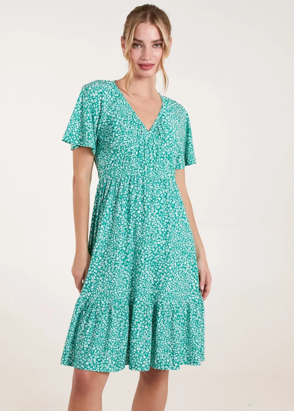 Blue Vanilla Green Ditsy Printed Angel Sleeve Elasticated V Neck Dress