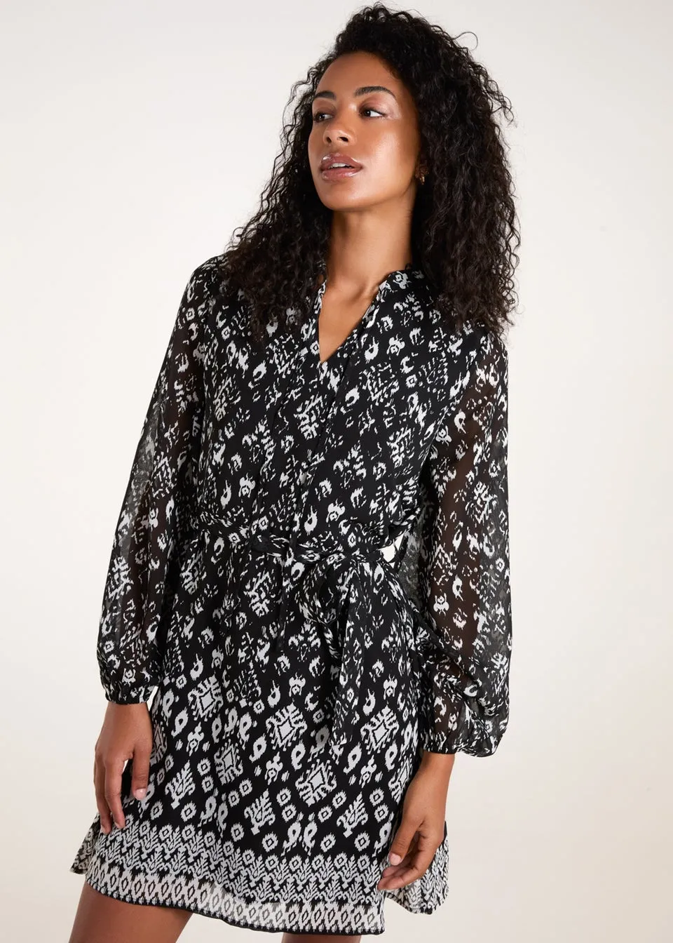 Blue Vanilla Black Tie Neck & Waist Mini Smock Dress