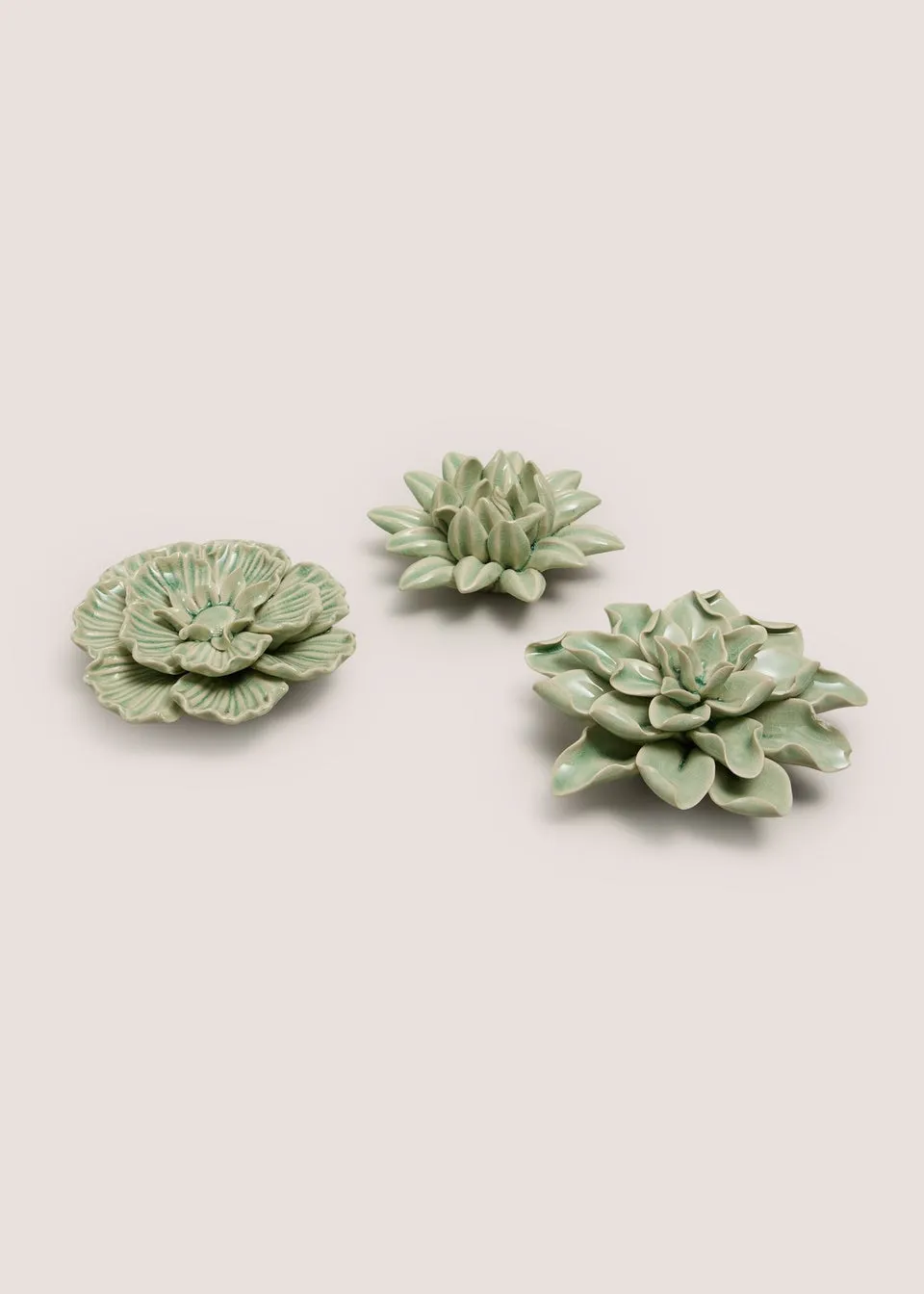 3 Piece Green Ceramic Flower Ornaments