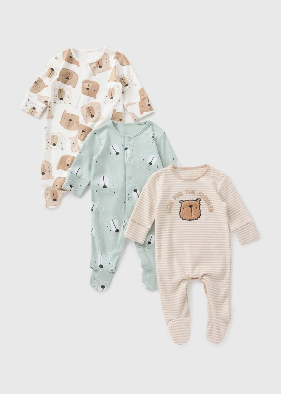 3 Pack Baby Multicolour Bear Sleepsuits (Newbron-18mths)