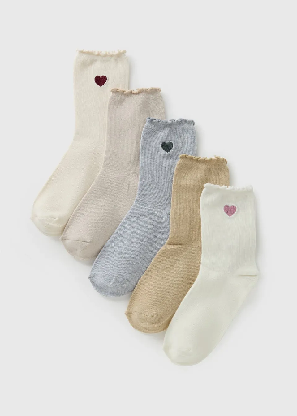 5 Pack Beige Heart Embroidered Frill Socks