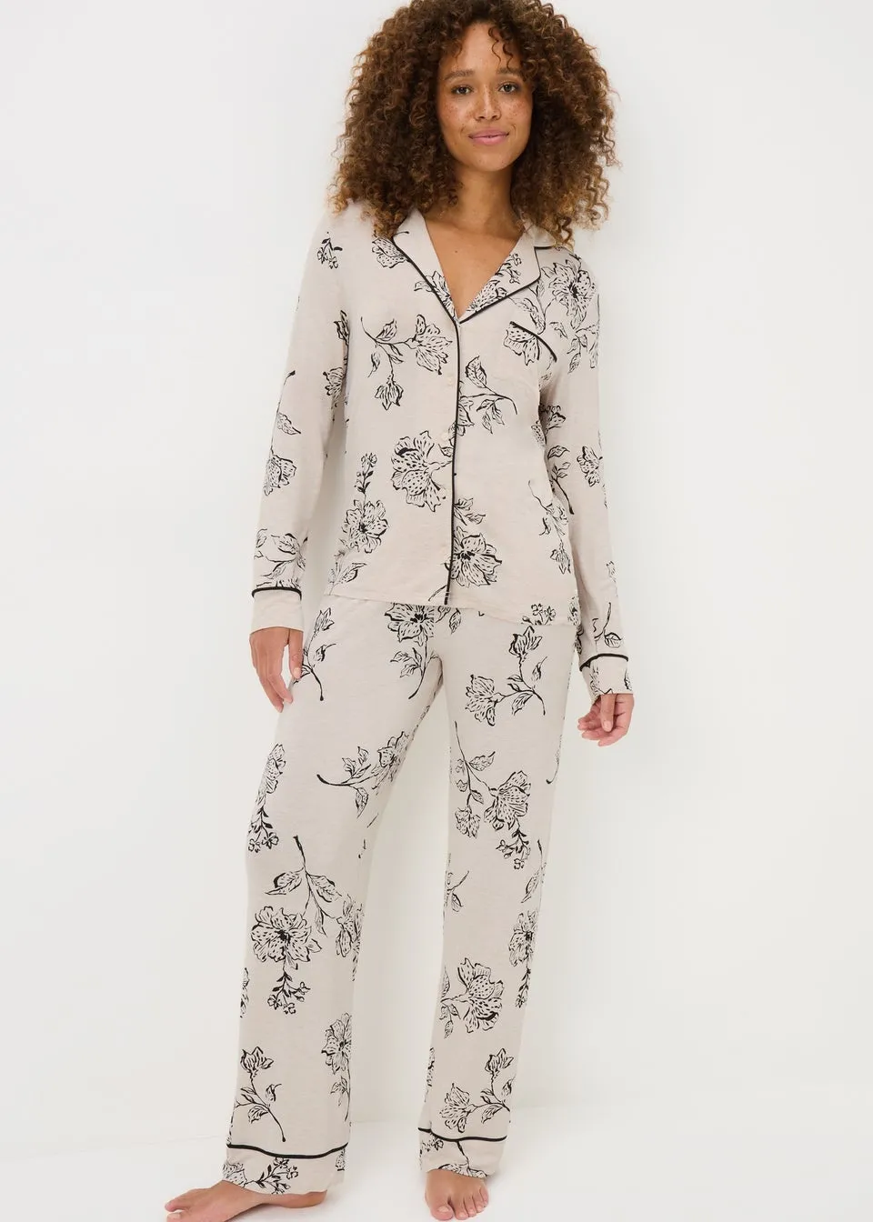 Cream Leaf Print Button Up Pyjama Set