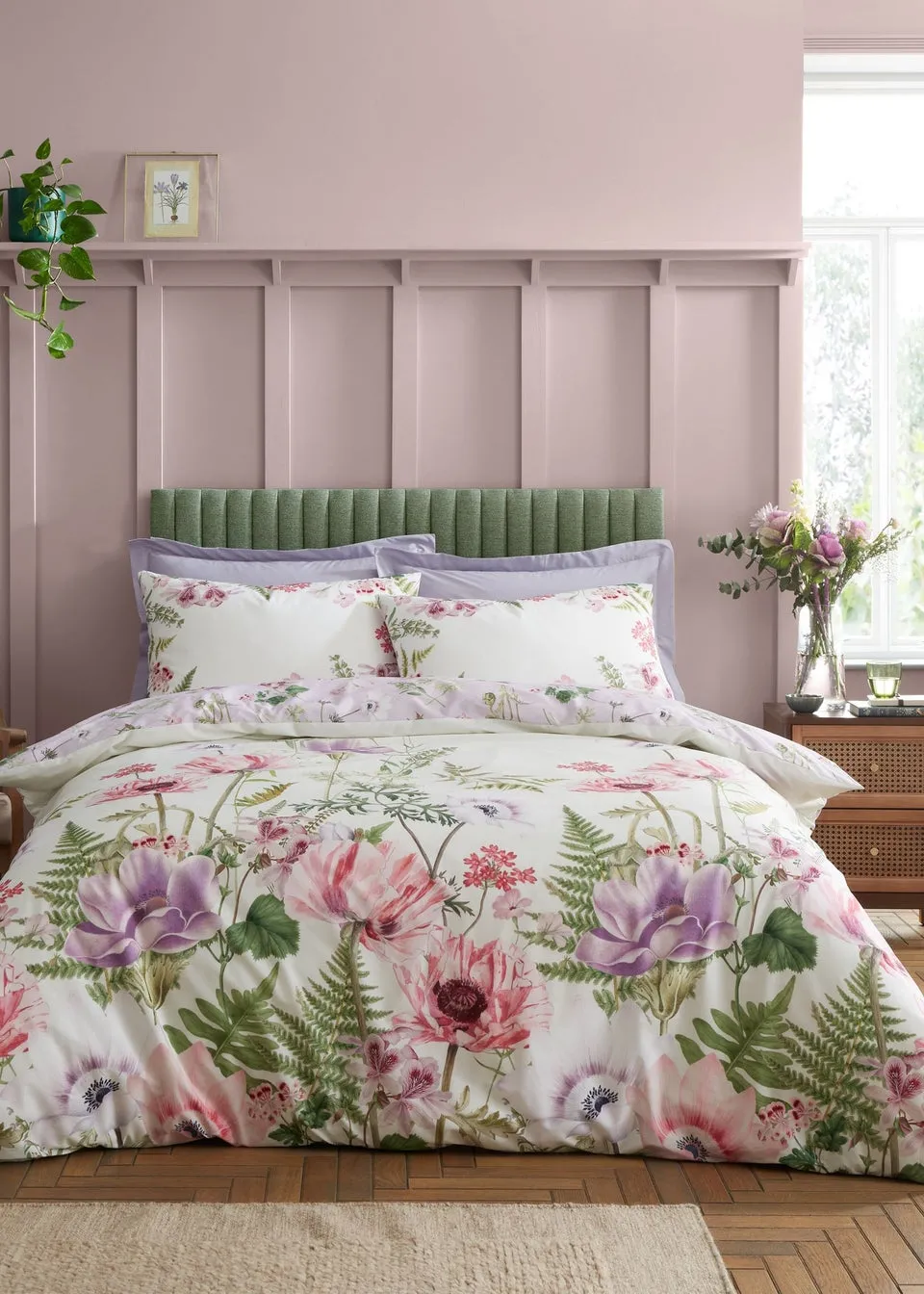 RHS Serenity Garden Reversible 200 Thread Count Cotton Double Duvet Cover Set Lilac