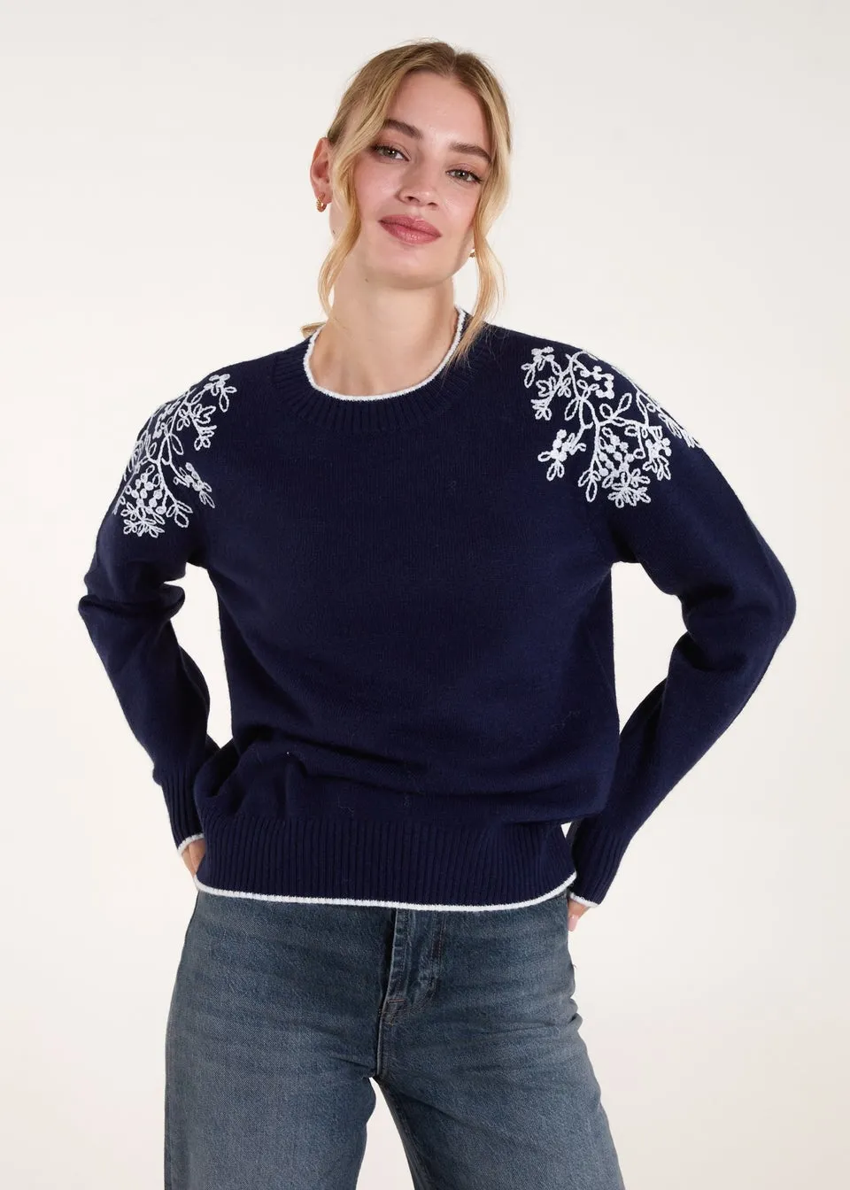 Blue Vanilla Navy Detailed Embroidery Shoulder Jumper