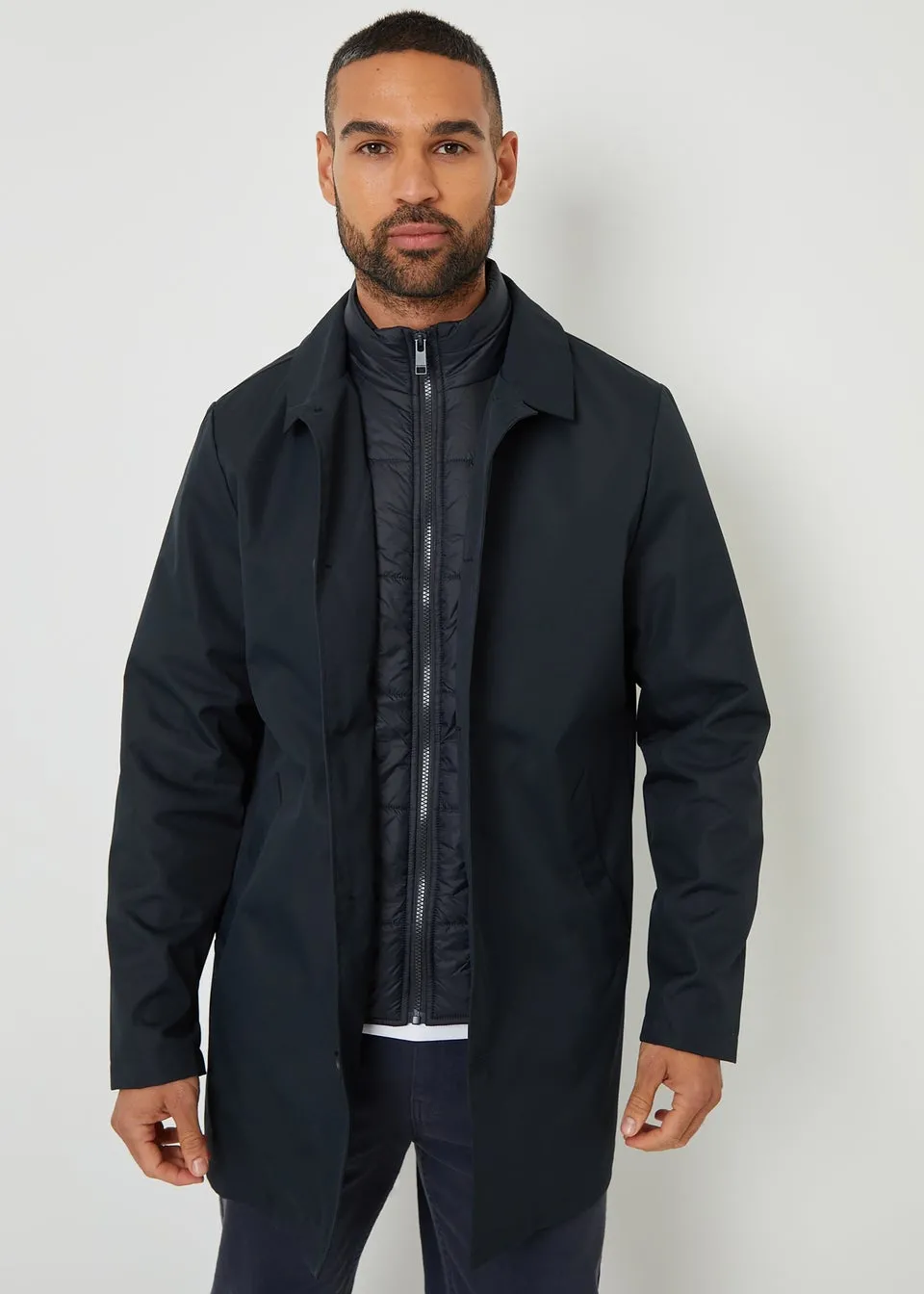 Threadbare Navy Collared Mock Layer Mac Coat