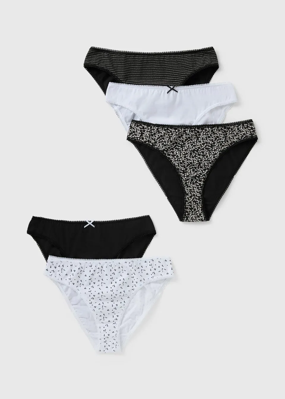 5 Pack Black Mono Ditsy High Leg Knickers