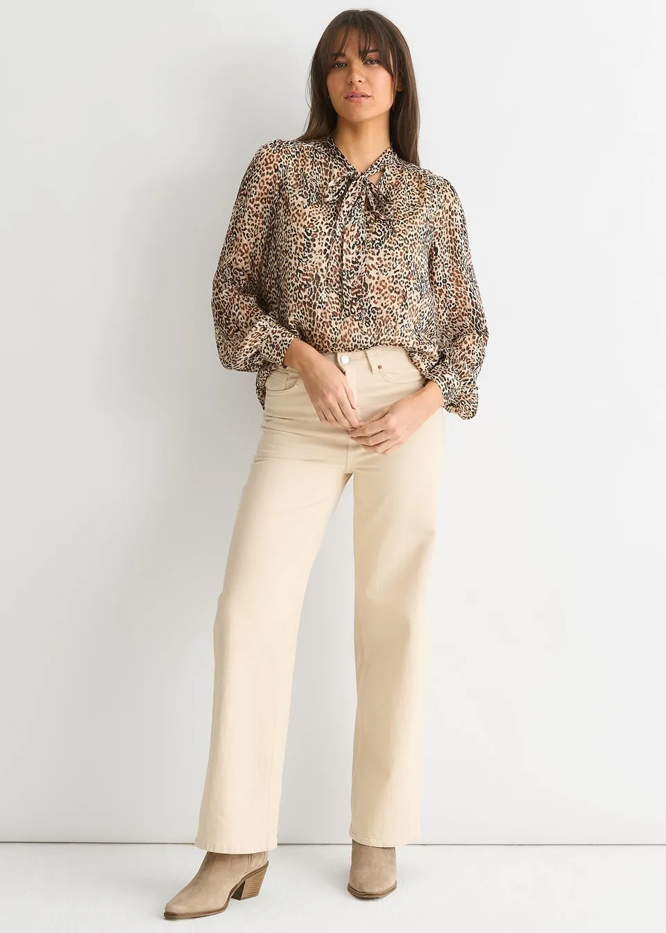 Gini London Brown Animal Print Long Sleeves Tie Neck Blouse