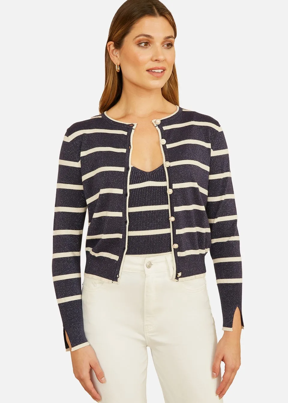 Yumi Navy Striped Sparkle Knitted Cardigan