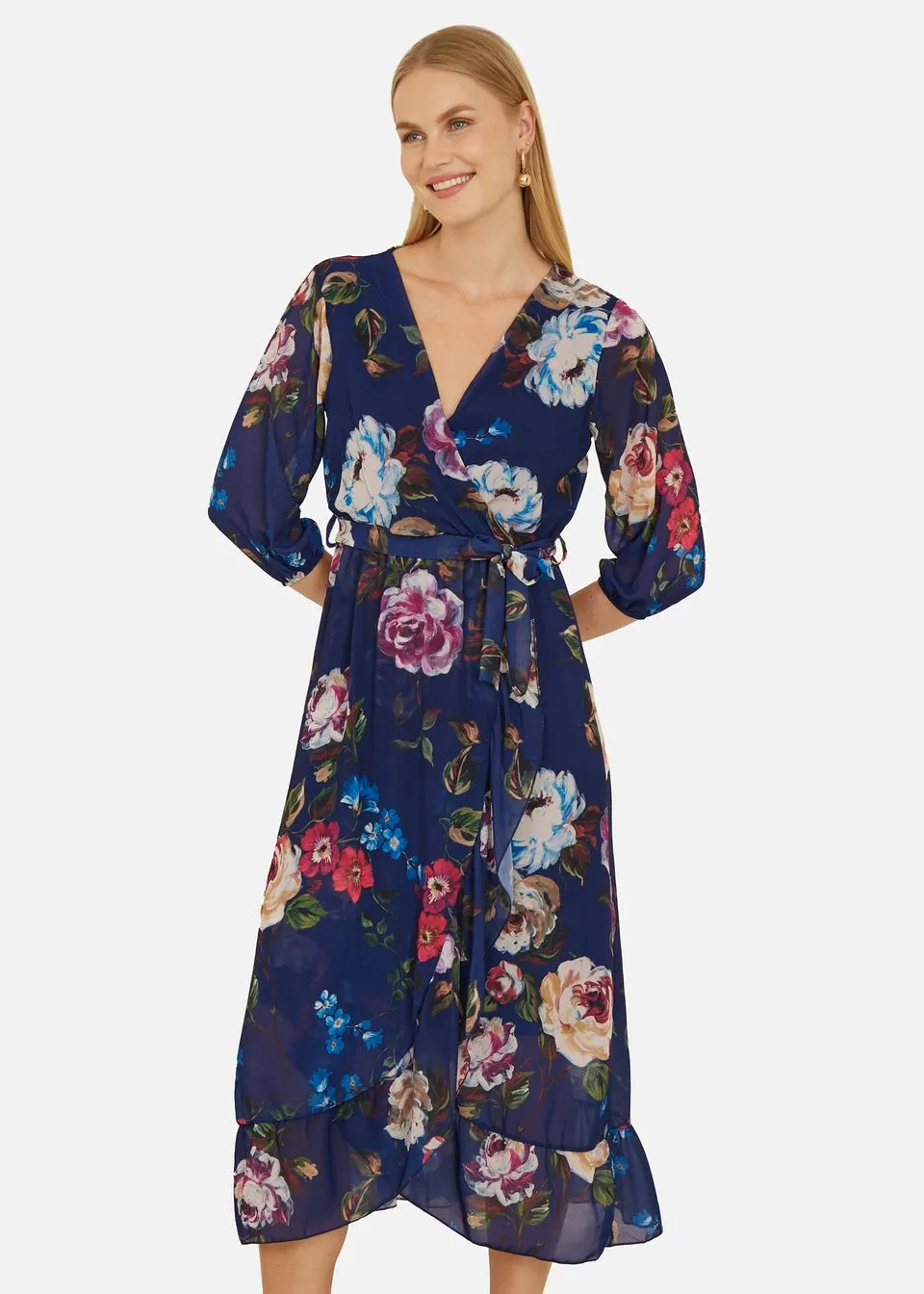 Yumi Navy Watercolour Dip Hem Midi Wrap Dress
