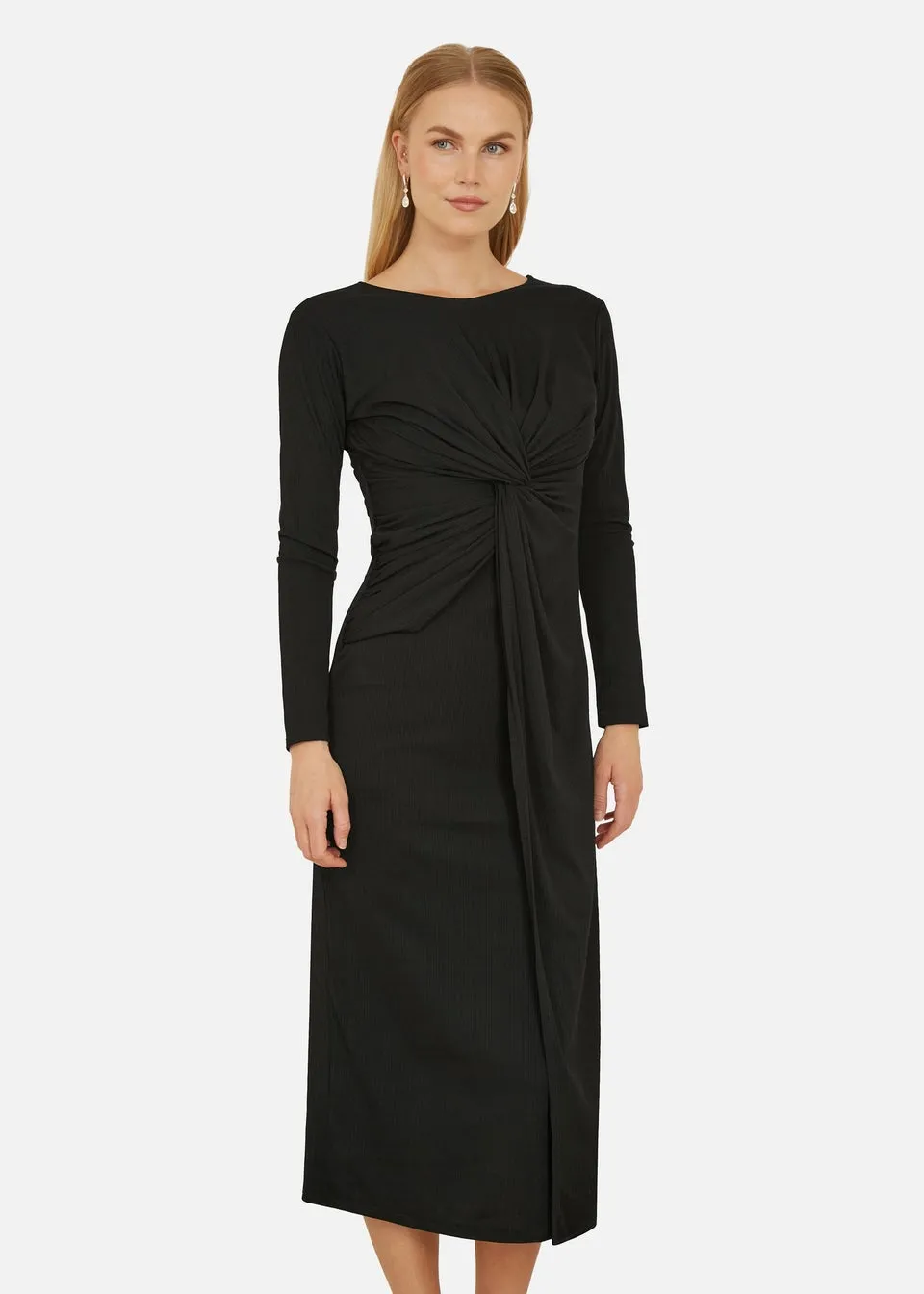 Yumi Black Midi Fitted Stretch Dress With Knot Detail