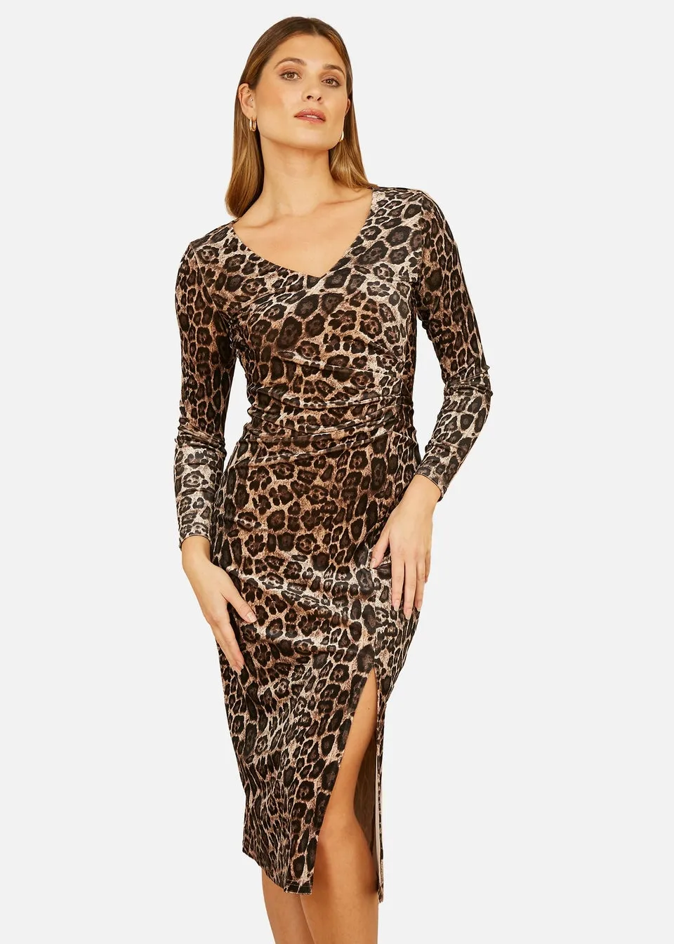 Yumi Brown Velvet Leopard Print Fitted Midi Dress