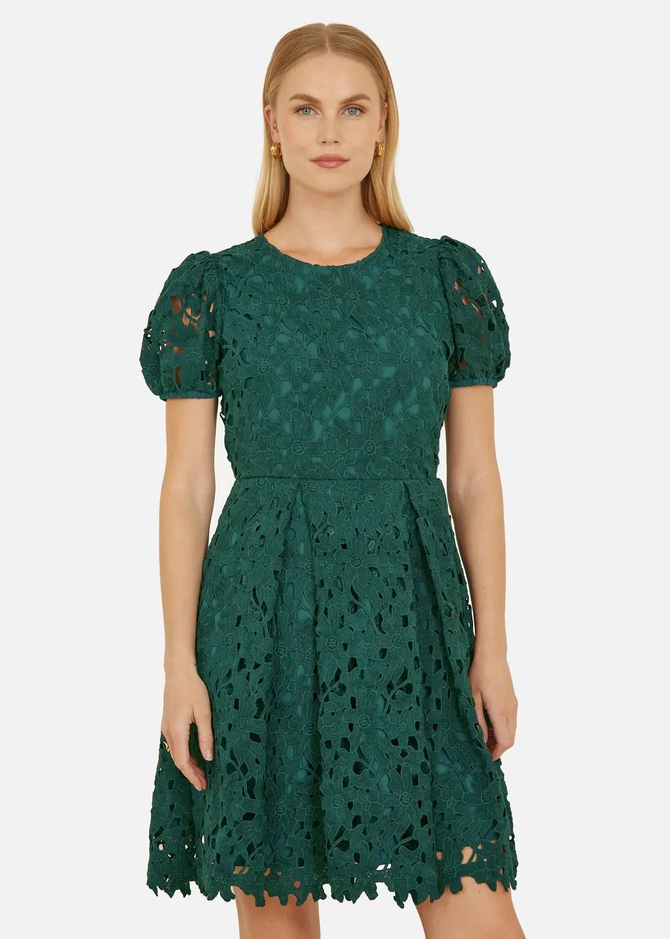 Yumi Green Lace Skater Dress With Puff Sleeves