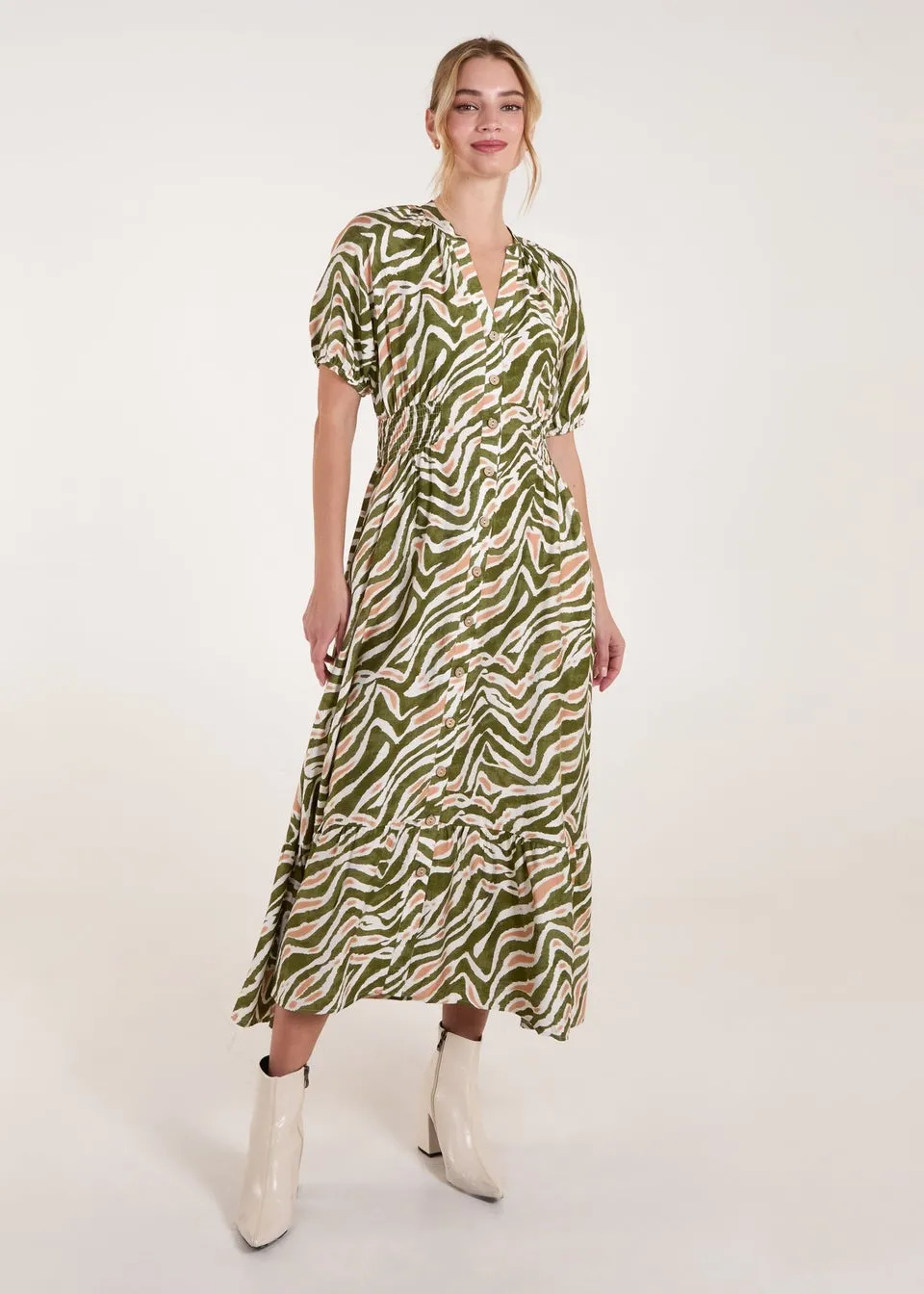 Blue Vanilla Khaki Shirred Waist Button Front Puff Sleeve Midi Dress