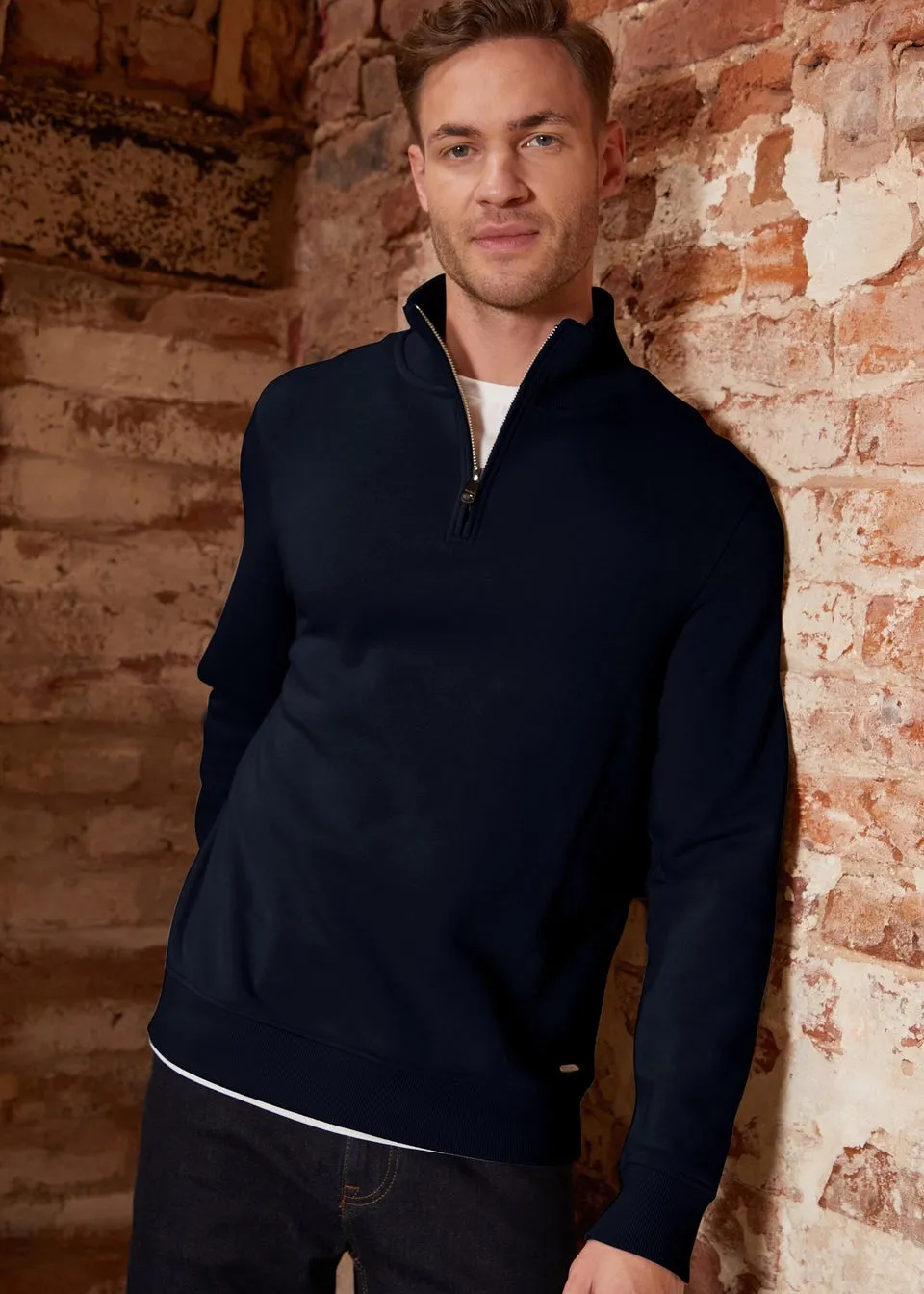 Threadbare Navy Mock T-Shirt Quarter Zip Sweatshirt