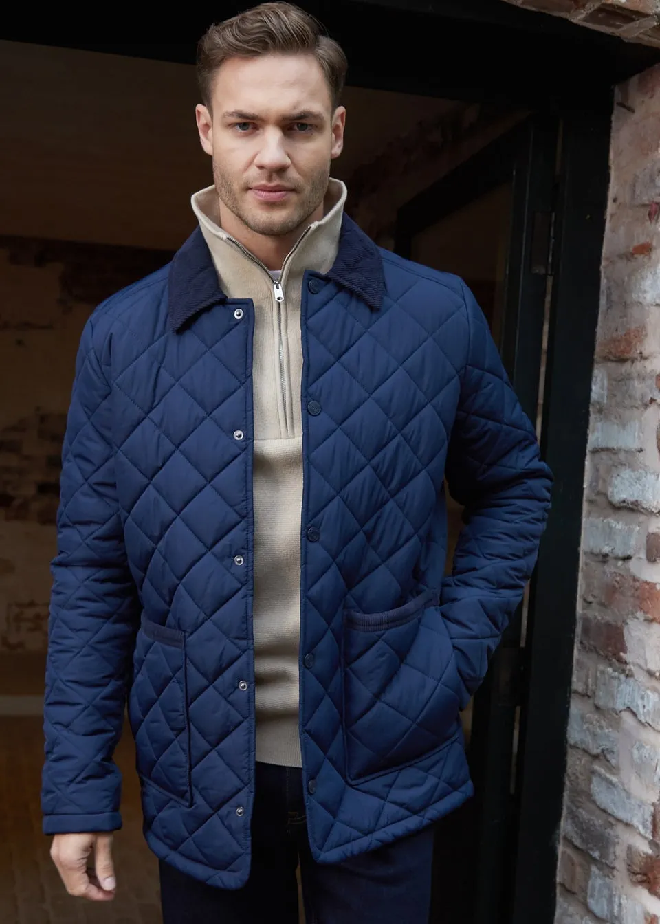 Threadbare Navy Diamond Quilted Patch Pocket Jacket