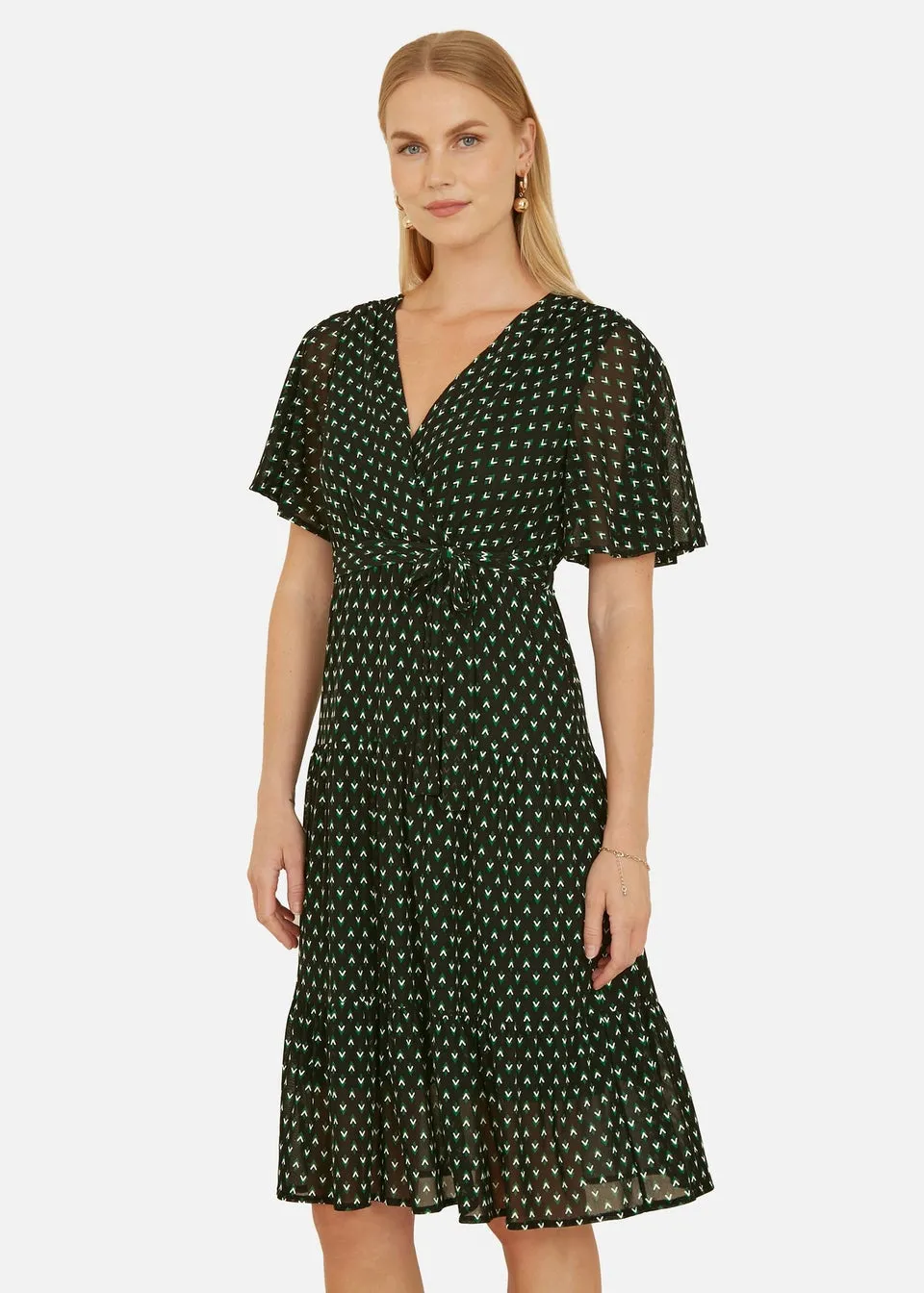 Yumi Black Dot Print Mesh Stretch Midi Skater Dress