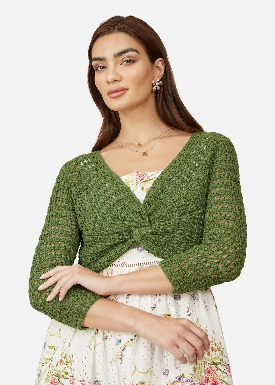 Yumi Green Crochet Cotton Twisted Bolero Top