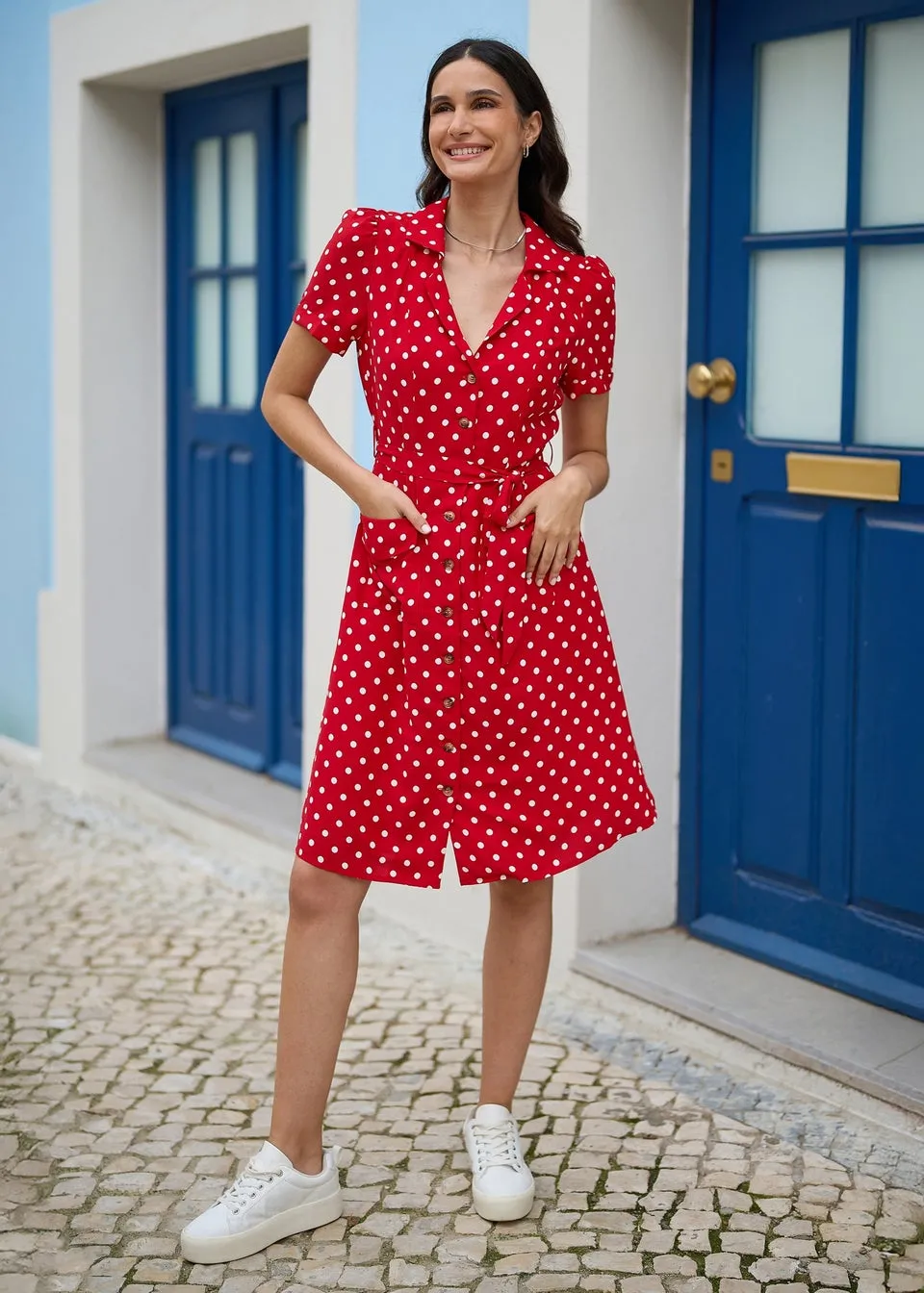 Yumi Red Retro Shirt Polka Dot Dress