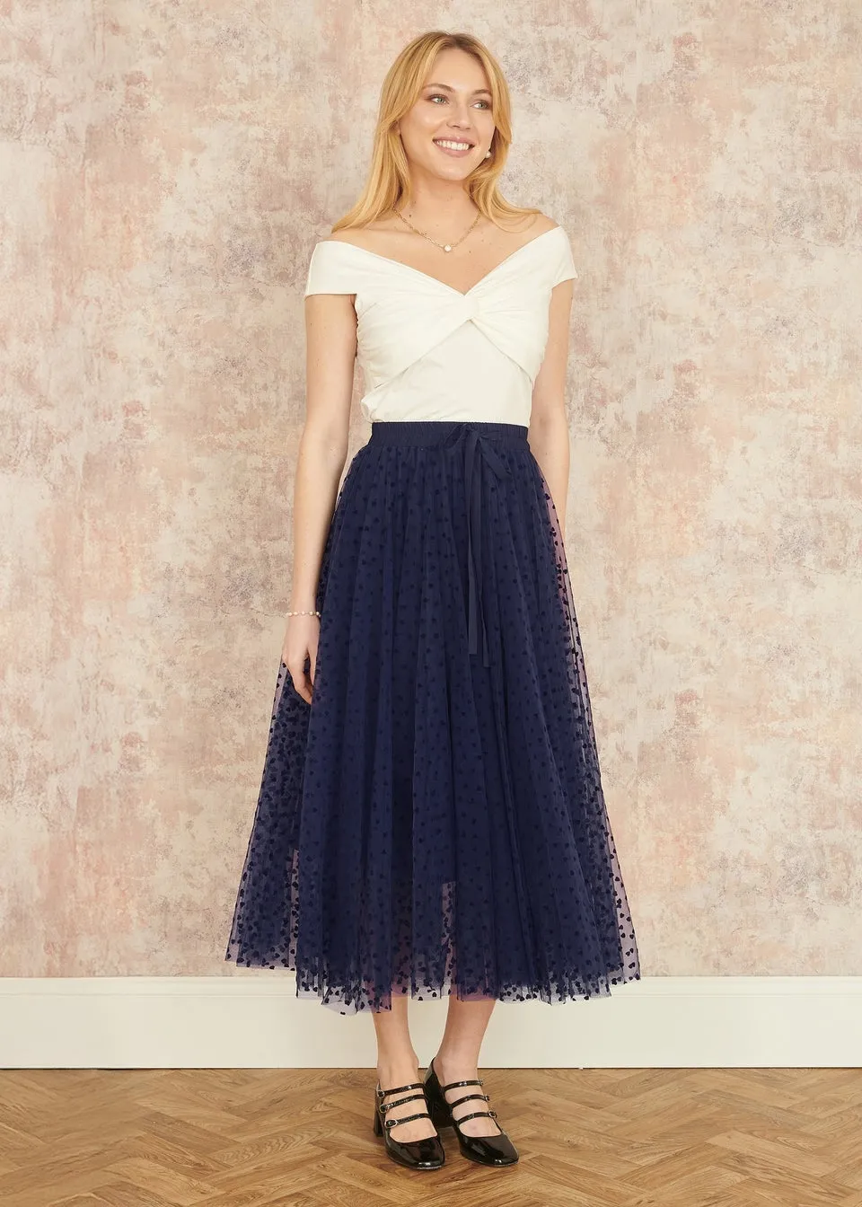 Yumi Navy Mesh Heart Print Tulle Skirt