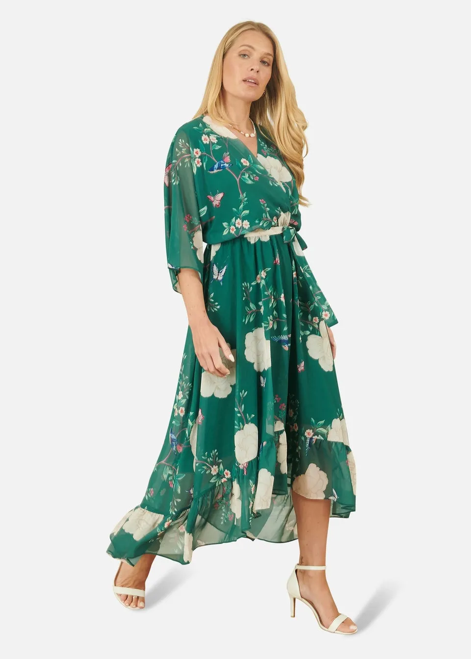 Yumi Green Bird & Floral Print Midi Wrap Dress