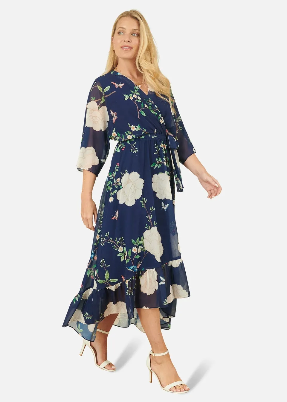 Yumi Navy Bird & Floral Print Midi Wrap Dress