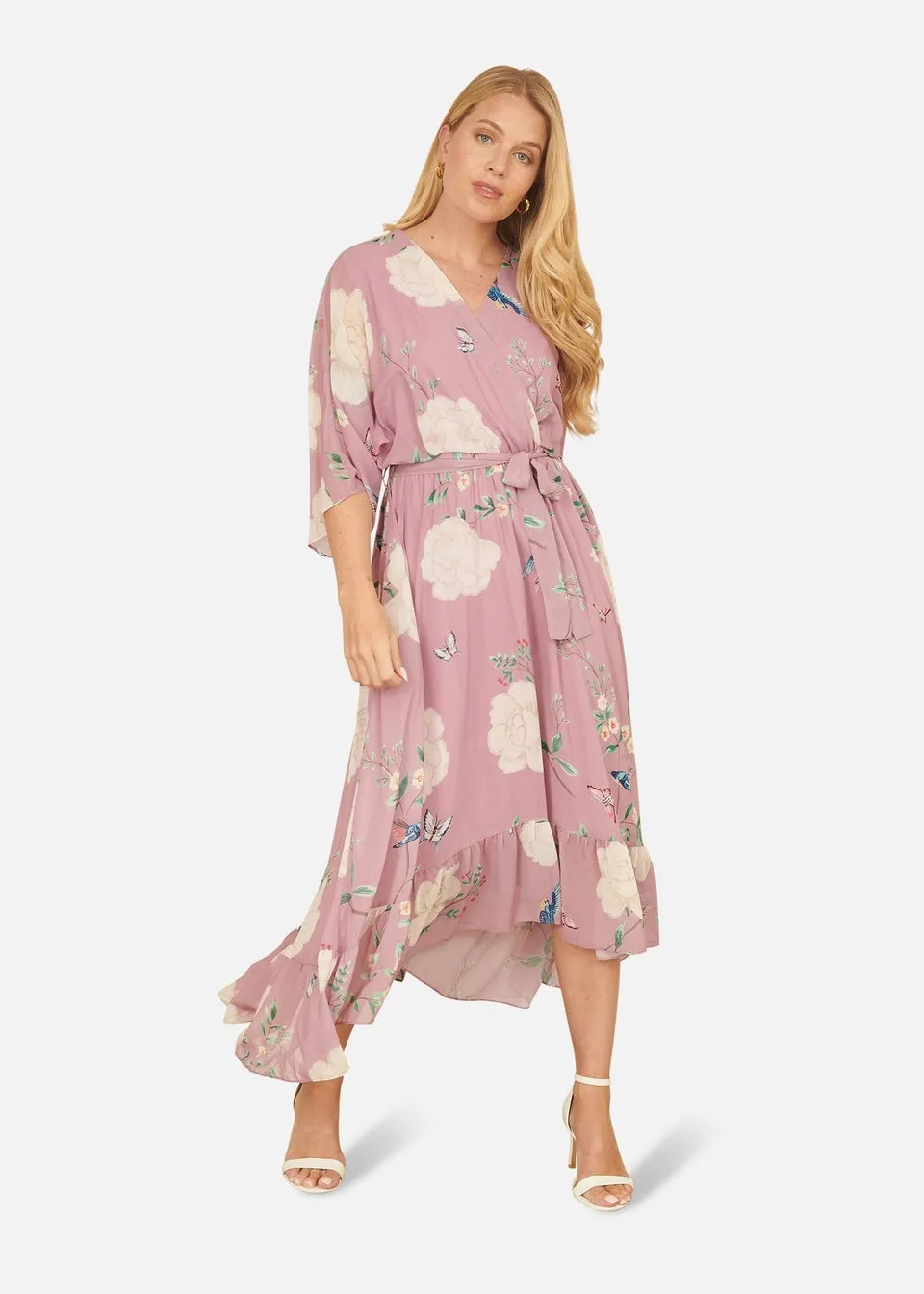 Yumi Pink Bird & Floral Print Midi Wrap Dress