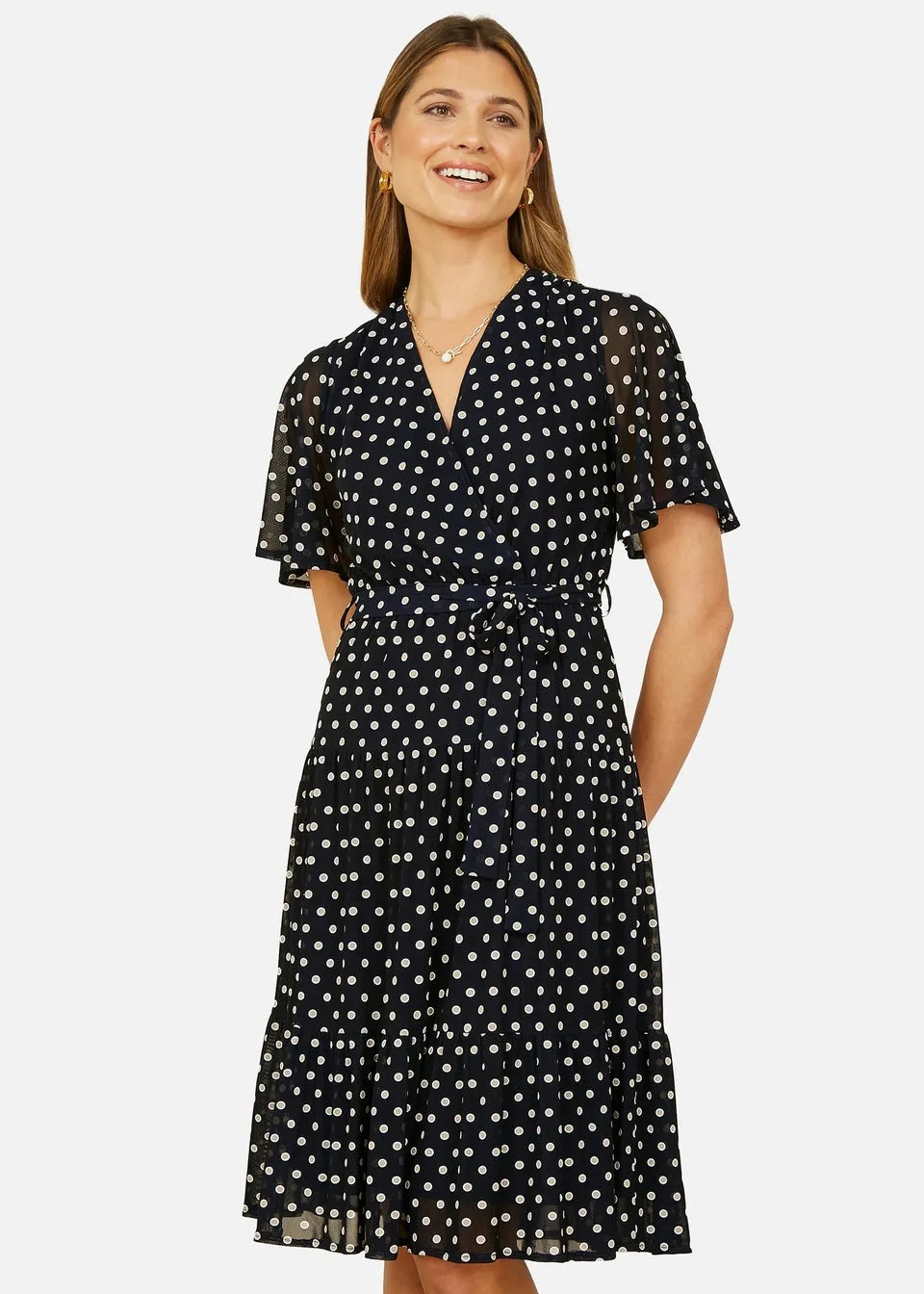 Yumi Navy Dot Print V-Neck Midi Skater Dress
