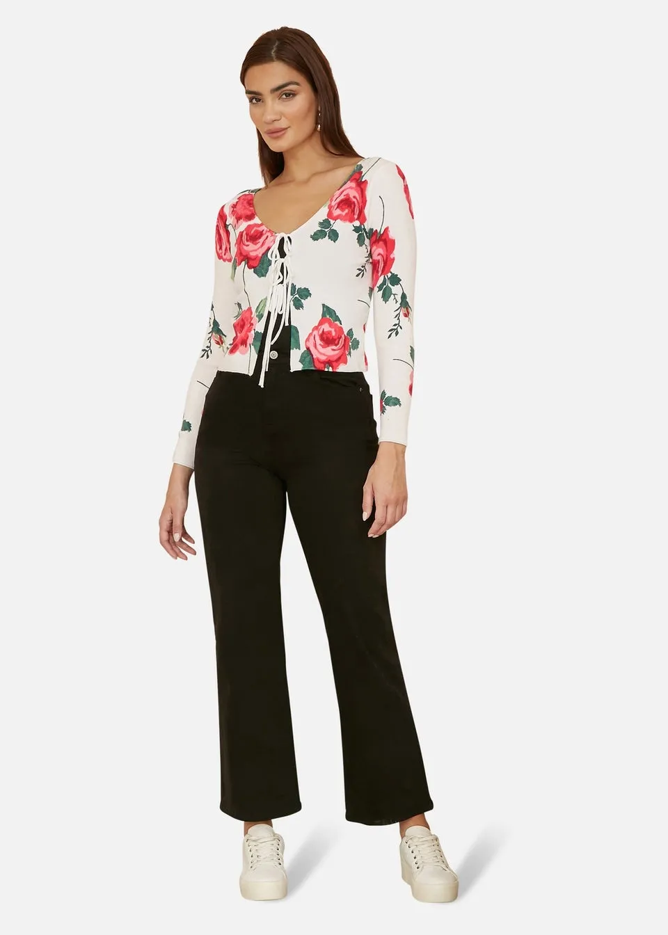 Yumi White Rose Print Cardigan With Tie Front
