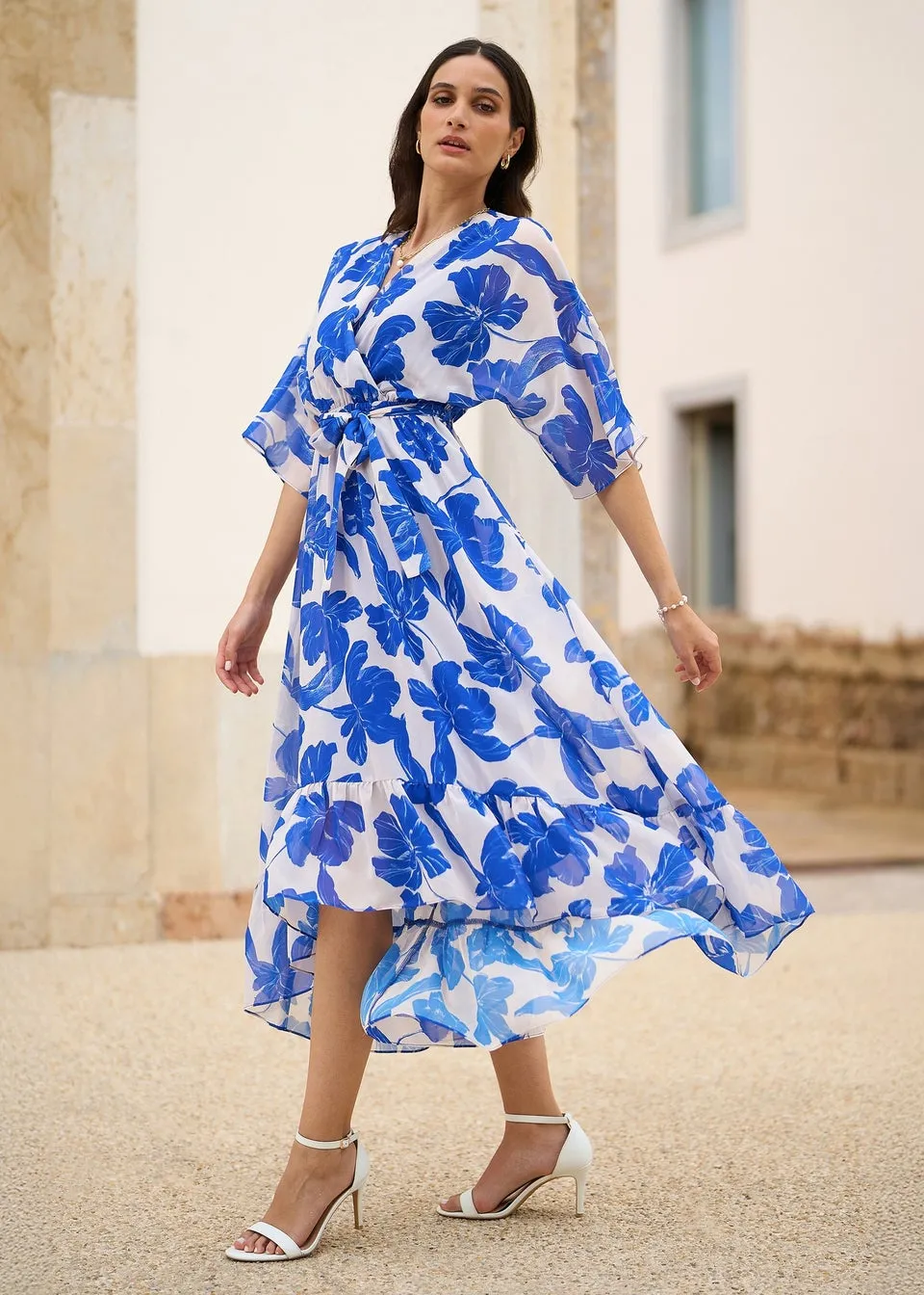 Yumi Navy Kimono Sleeves Midi Dip Hem Wrap Midi Dress