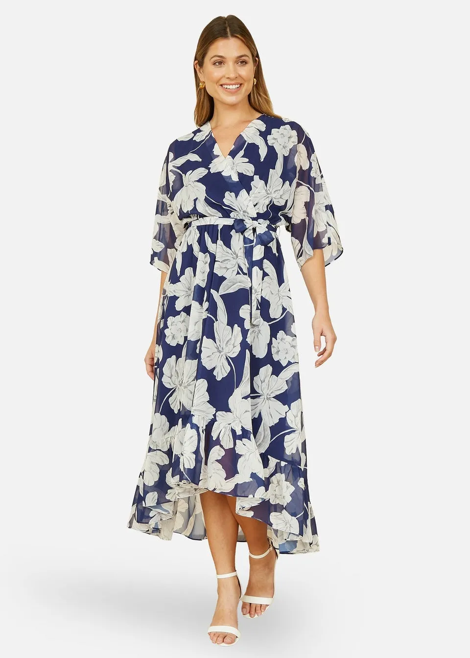 Yumi Navy Mesh Bird And Floral Print Midi Dress With Ruffles