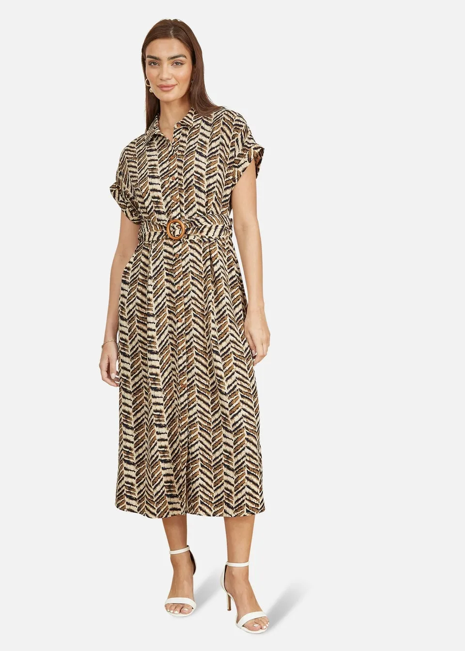 Yumi Brown Abstract Animal Print Relaxed Midi Shirt Dress With Belt
