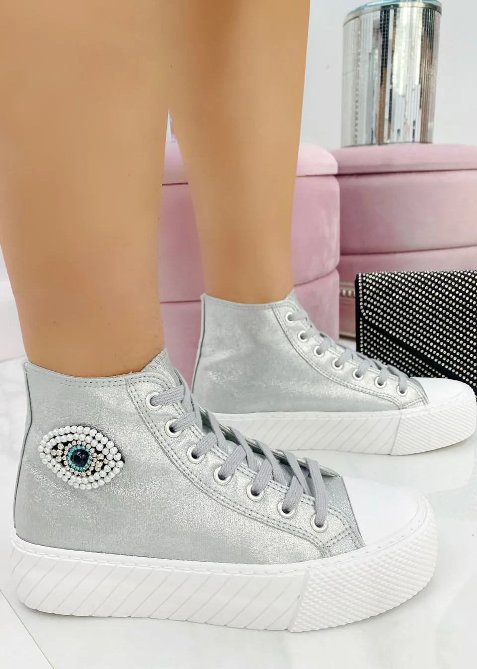 Love Lemonade Silver Sparkly Embellished Evil Eye High Top Trainers