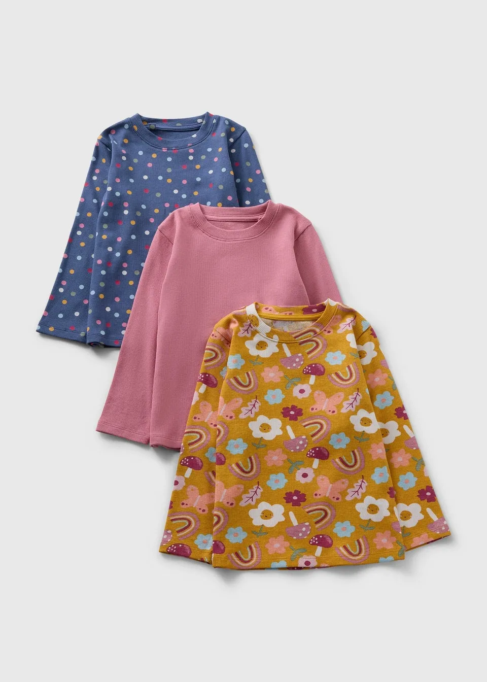 3 Pack Girls Mustard Floral Ribbed Long Sleeve T-Shirts (1-7yrs)