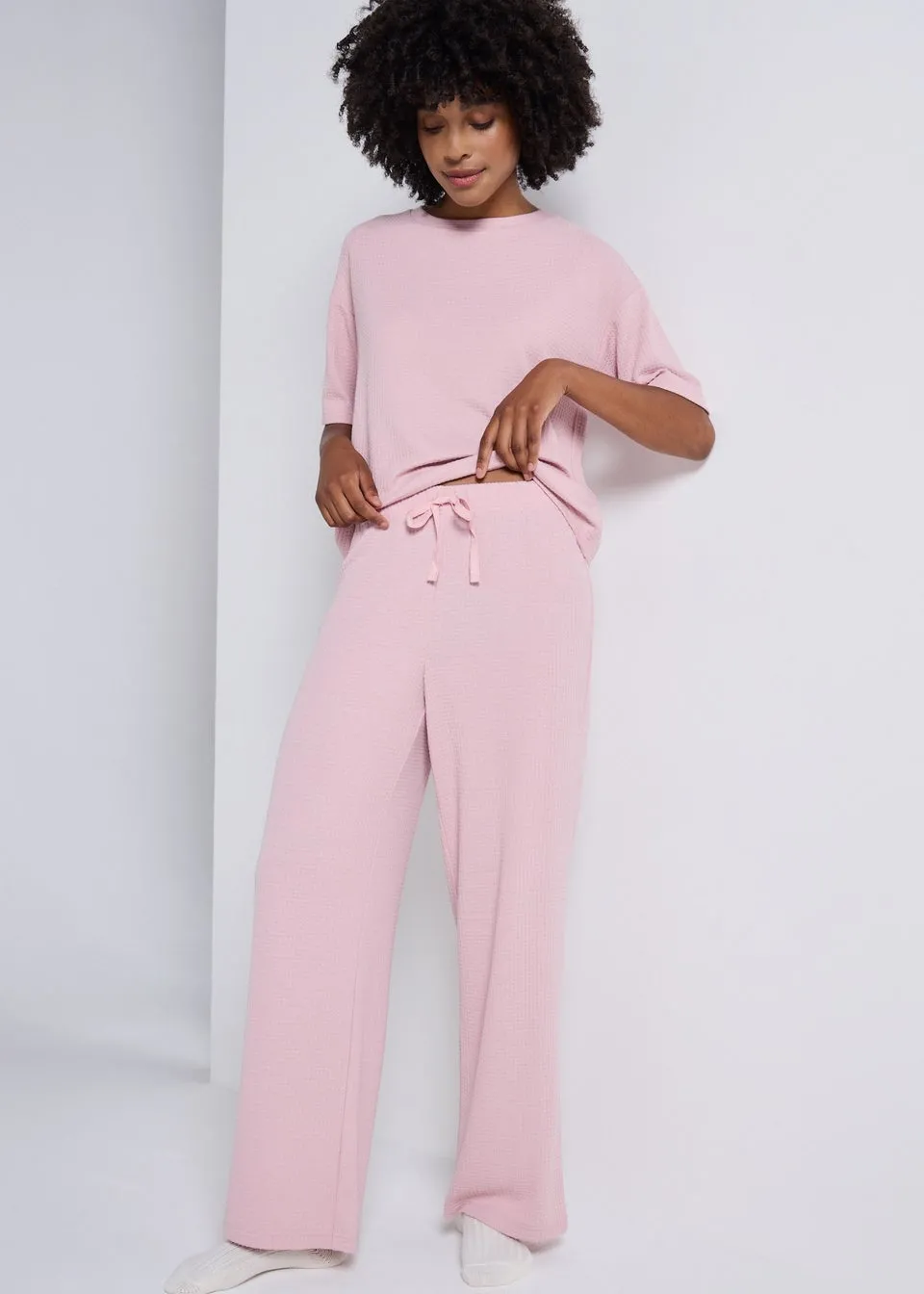 Pink Wide Leg Waffle Pyjama Bottoms