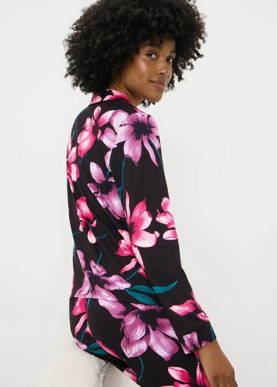 Black Hero Floral Traditional Satin Pyjama Set