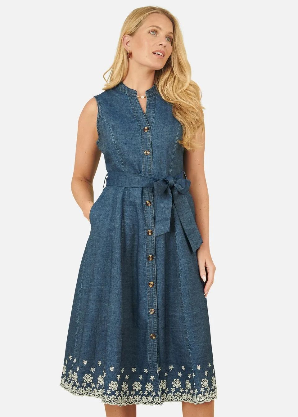 Yumi Blue Chambray Cotton Midi Embroidered Shirt Dress
