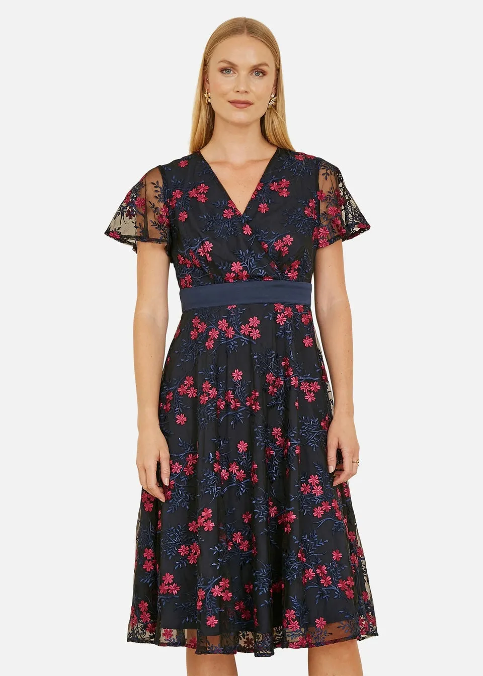 Yumi Navy Embroidered Floral Mesh Wrap Midi Skater Dress
