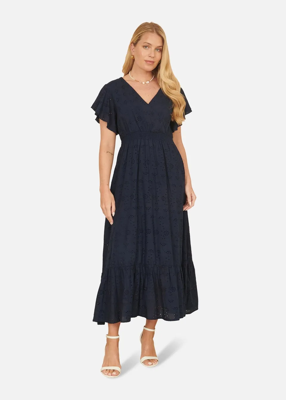 Yumi Navy Cotton Broderie Anglaise Wrap Midi Dress