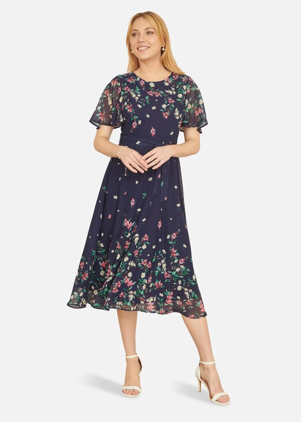 Yumi Navy Daisy Mirror Placement Skater Dress With Angel Sleeves