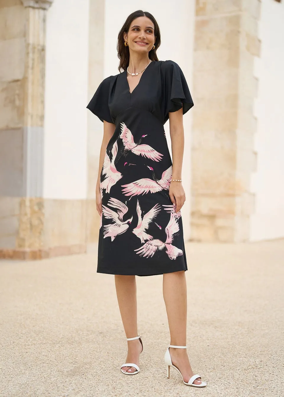 Yumi Black Recycled Fabric Crane Print Kimono Midi Dress