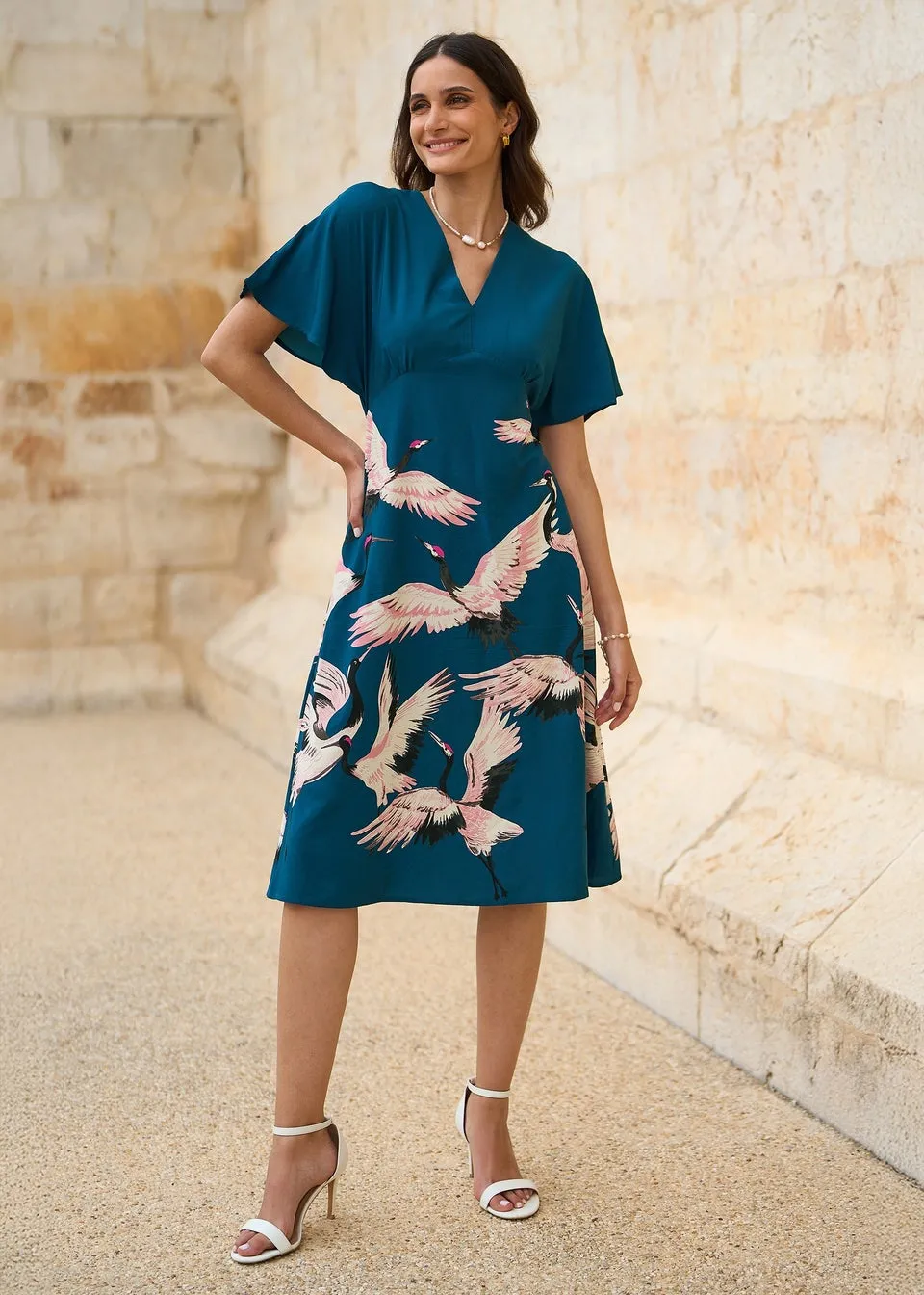 Yumi Teal Recycled Fabric Crane Print Kimono Midi Dress