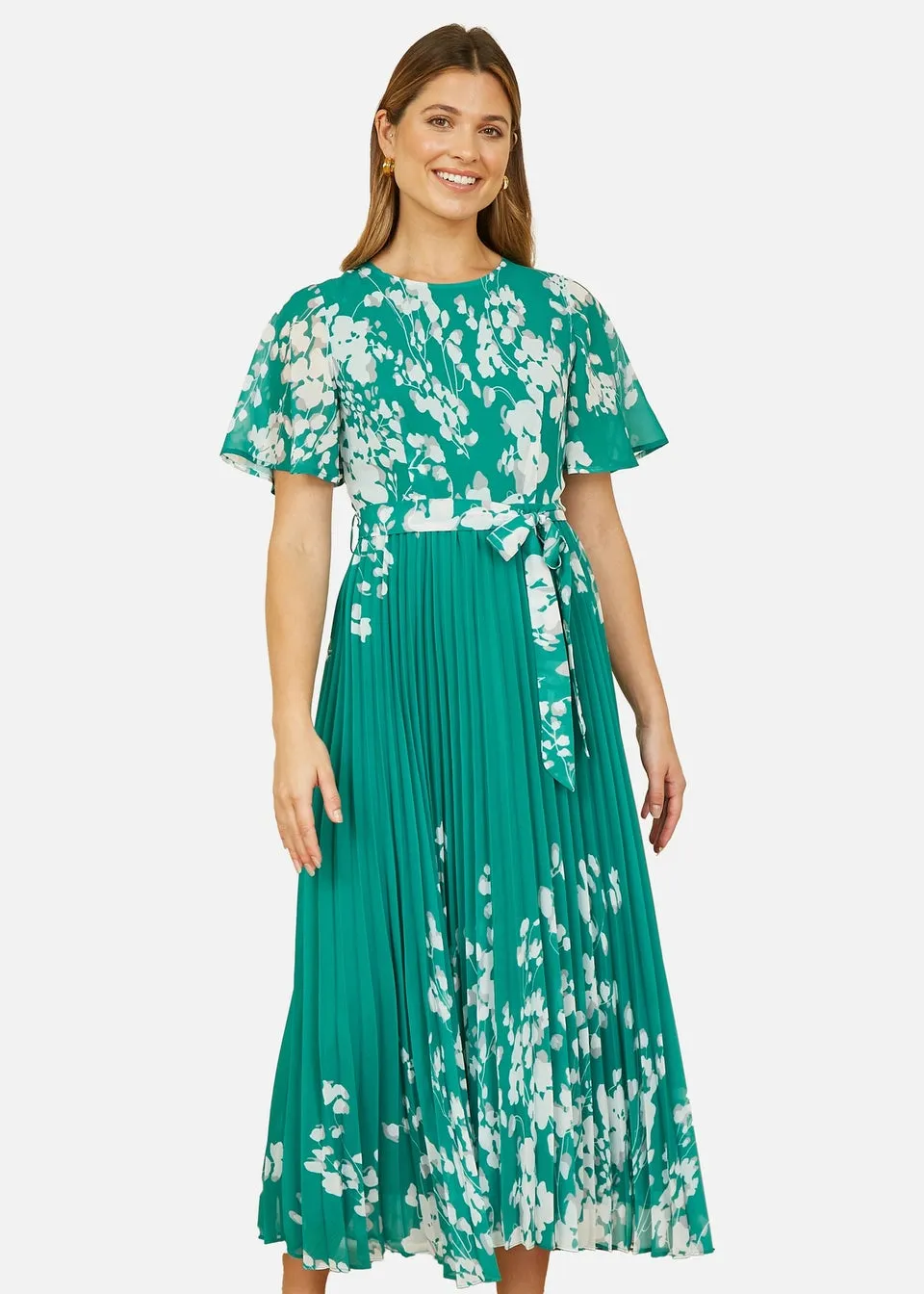 Yumi Green Mirror Floral Design Pleated Midi Dress