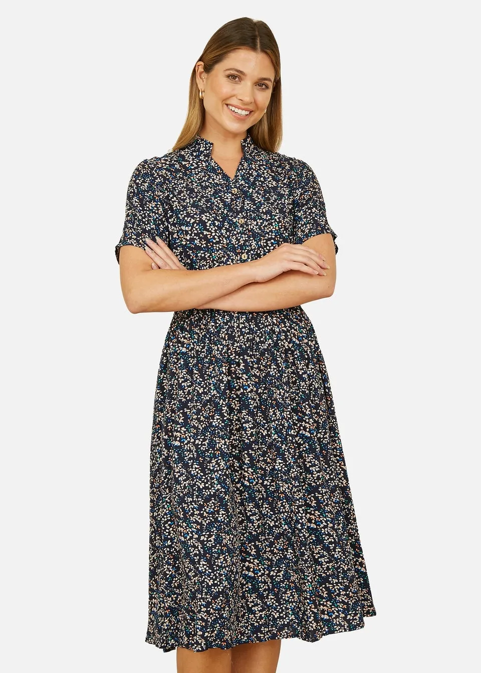 Yumi Navy Ditsy Print Ruched Waist Button Down Midi Dress