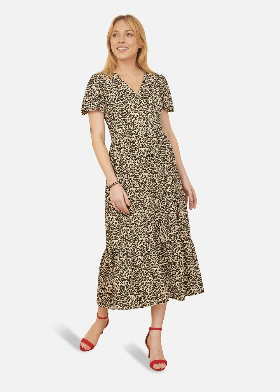 Yumi Brown Leopard Print Pleated Button Through Midi Dress