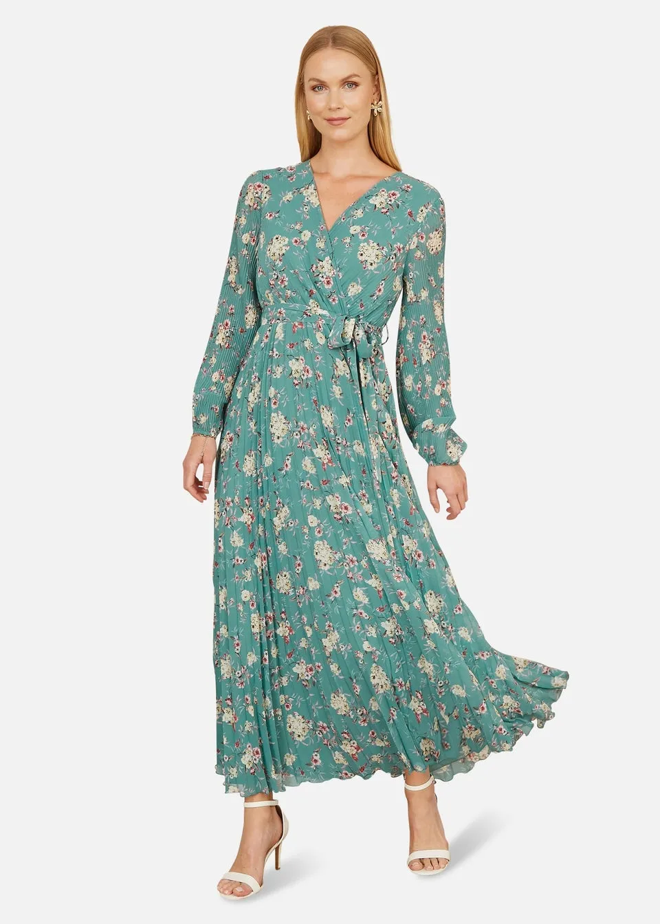 Yumi Mint Green Floral Pleated Long Sleeve Wrap Over Midi Dress