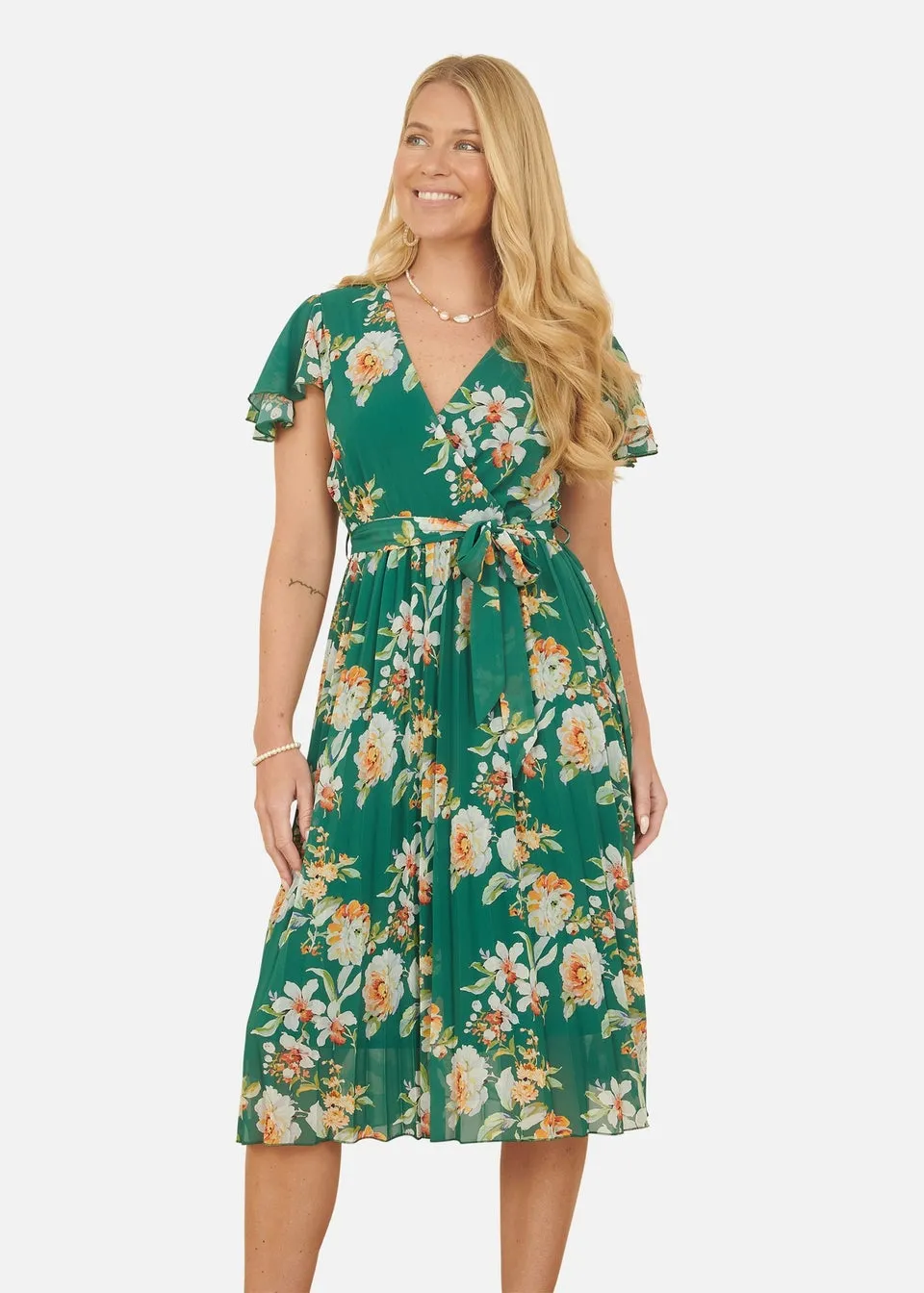 Yumi Green Floral Pleated Wrap Dress