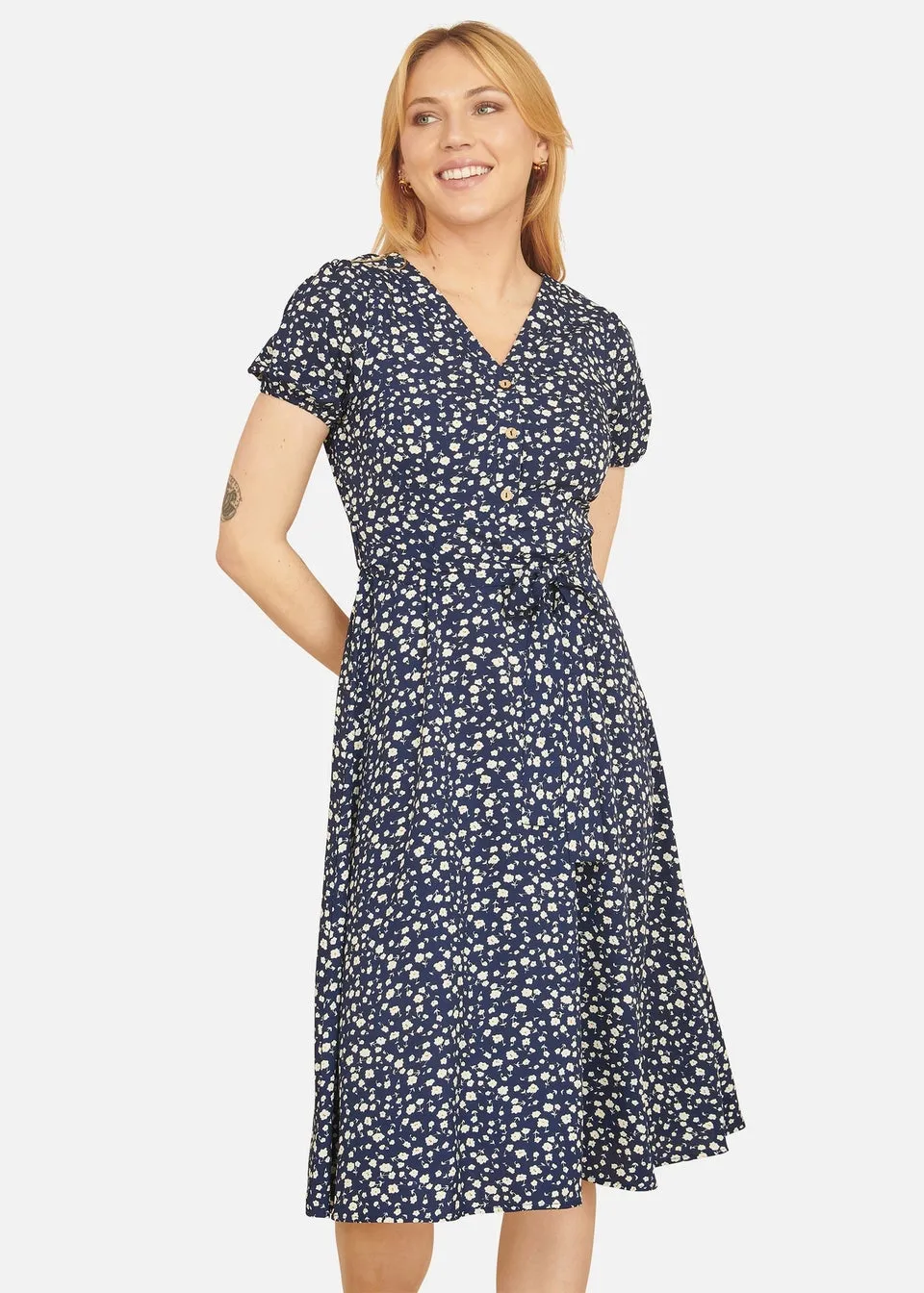 Yumi Navy Ditsy Floral Midi Shirt Dress