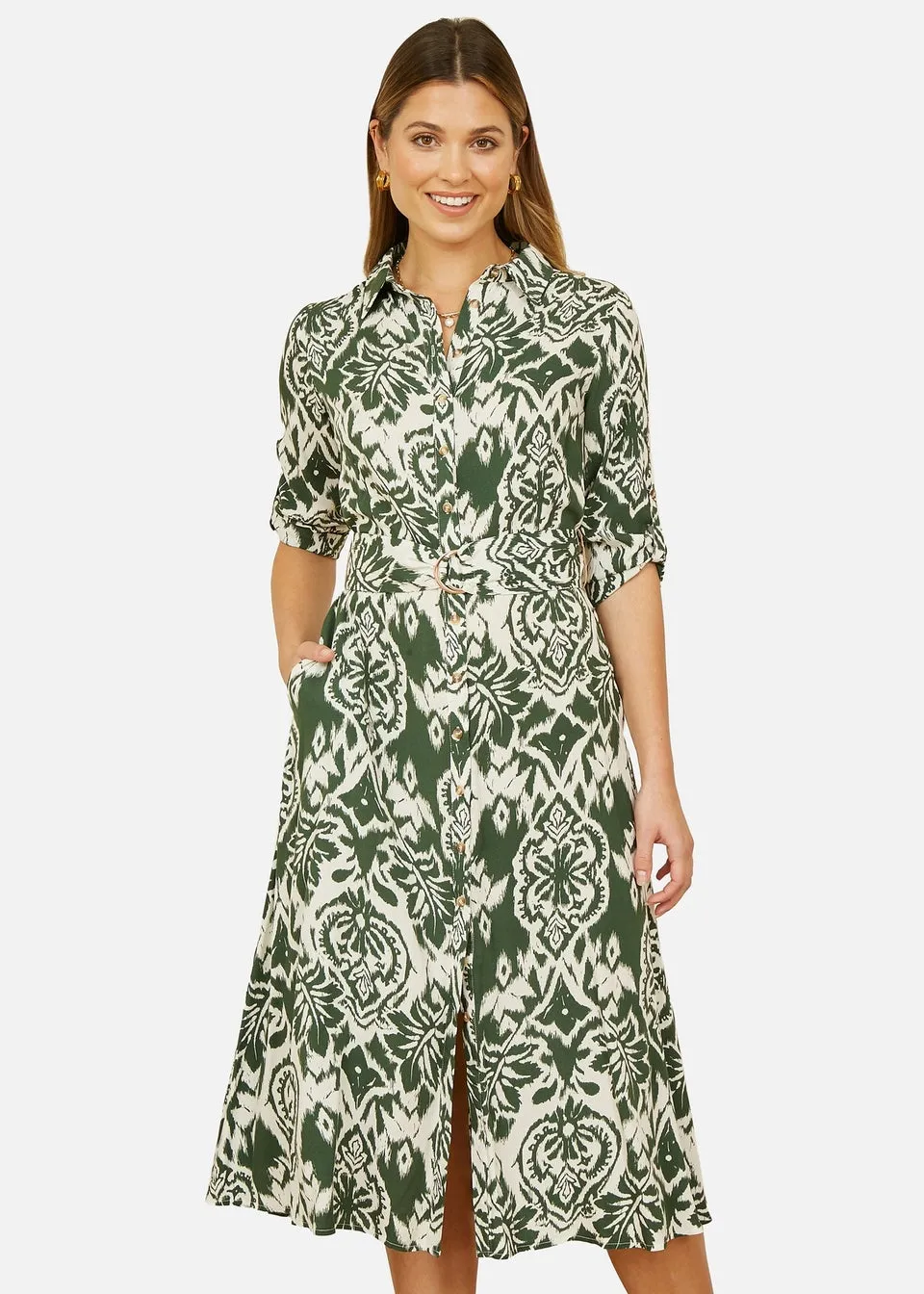 Yumi  Green Ikat Geo Print Midi Shirt Dress